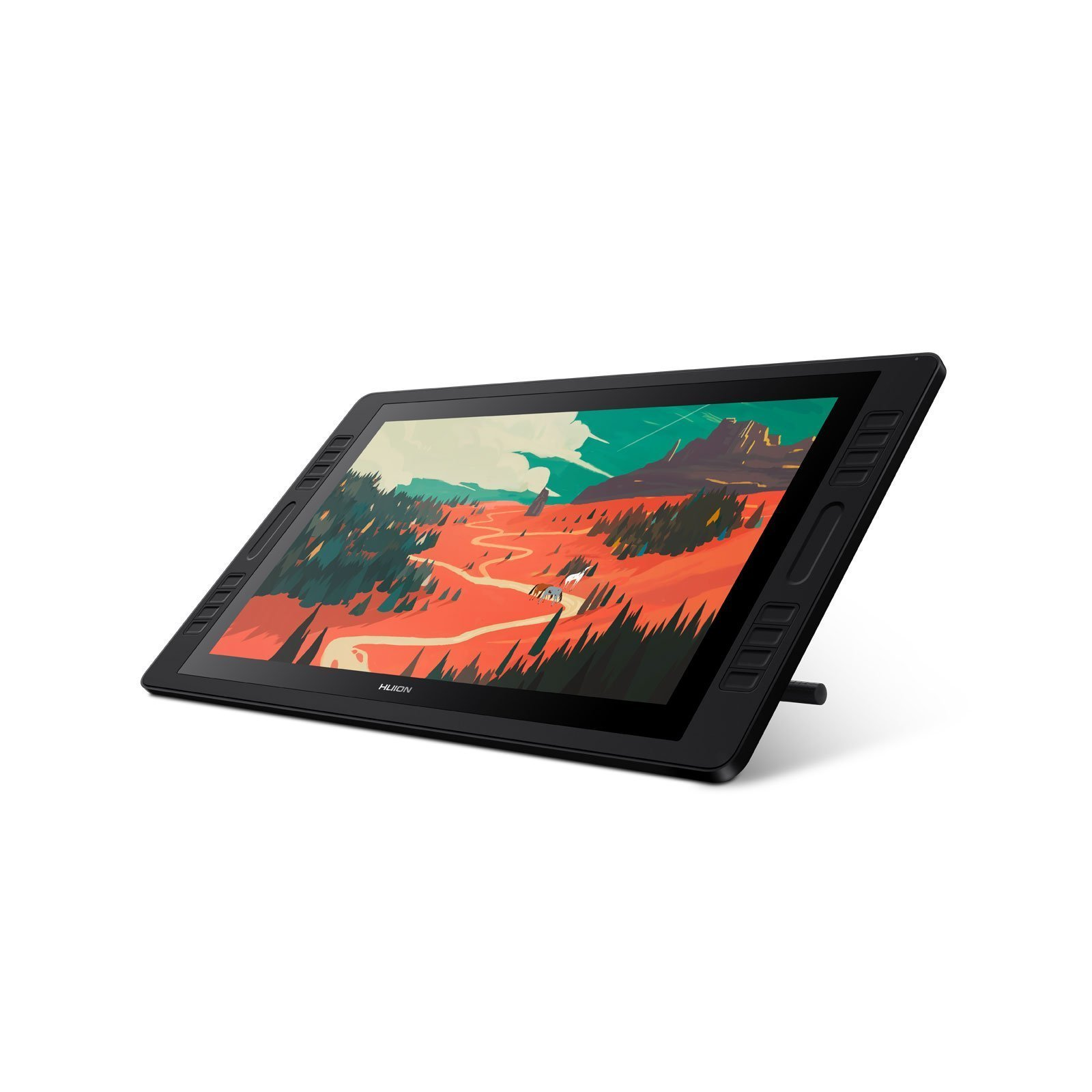 Czarny tablet do rysowania z wyświetloną sceną krajobrazową, ustawiony na białym tle.