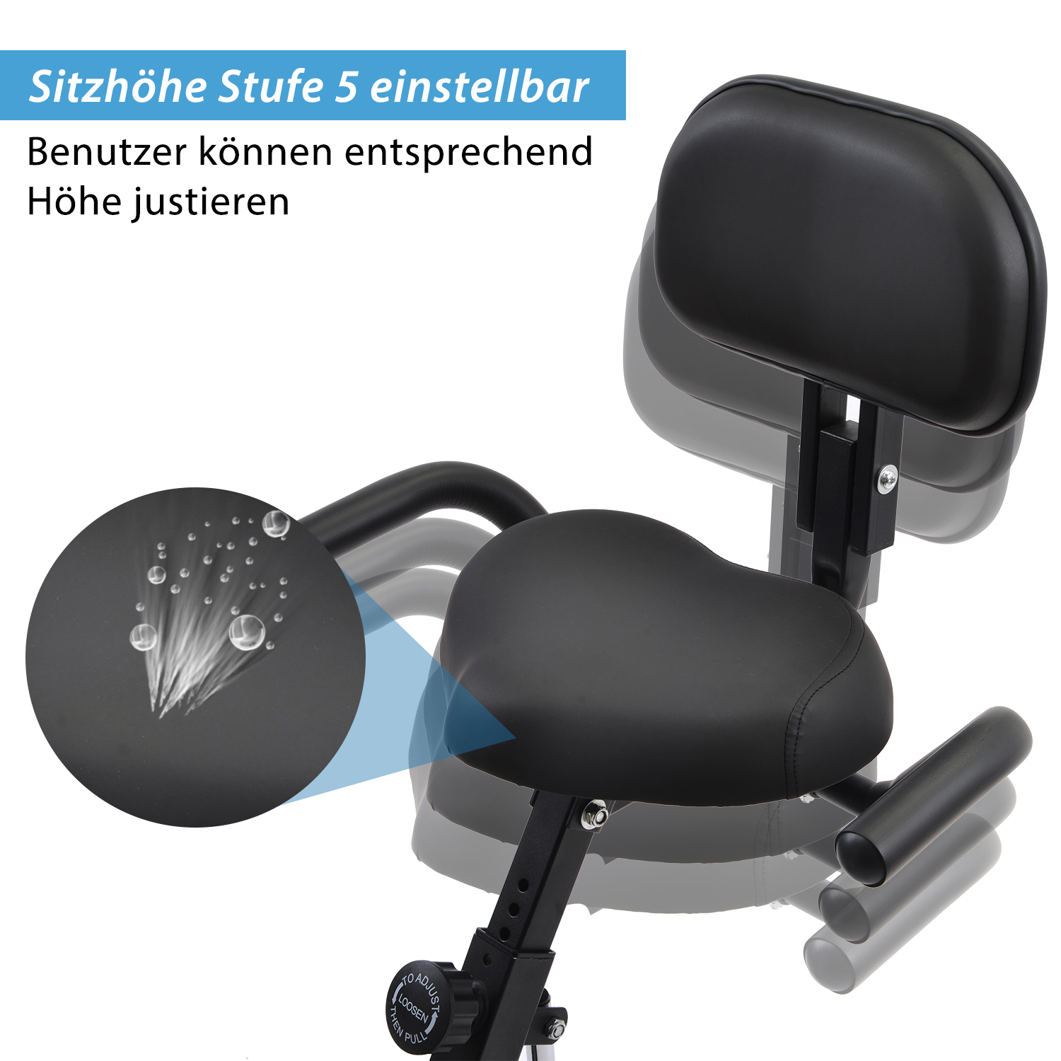 Fahrradsitz und Rückenlehne mit deutschem Text, der die Höhenverstellmöglichkeiten angibt.
