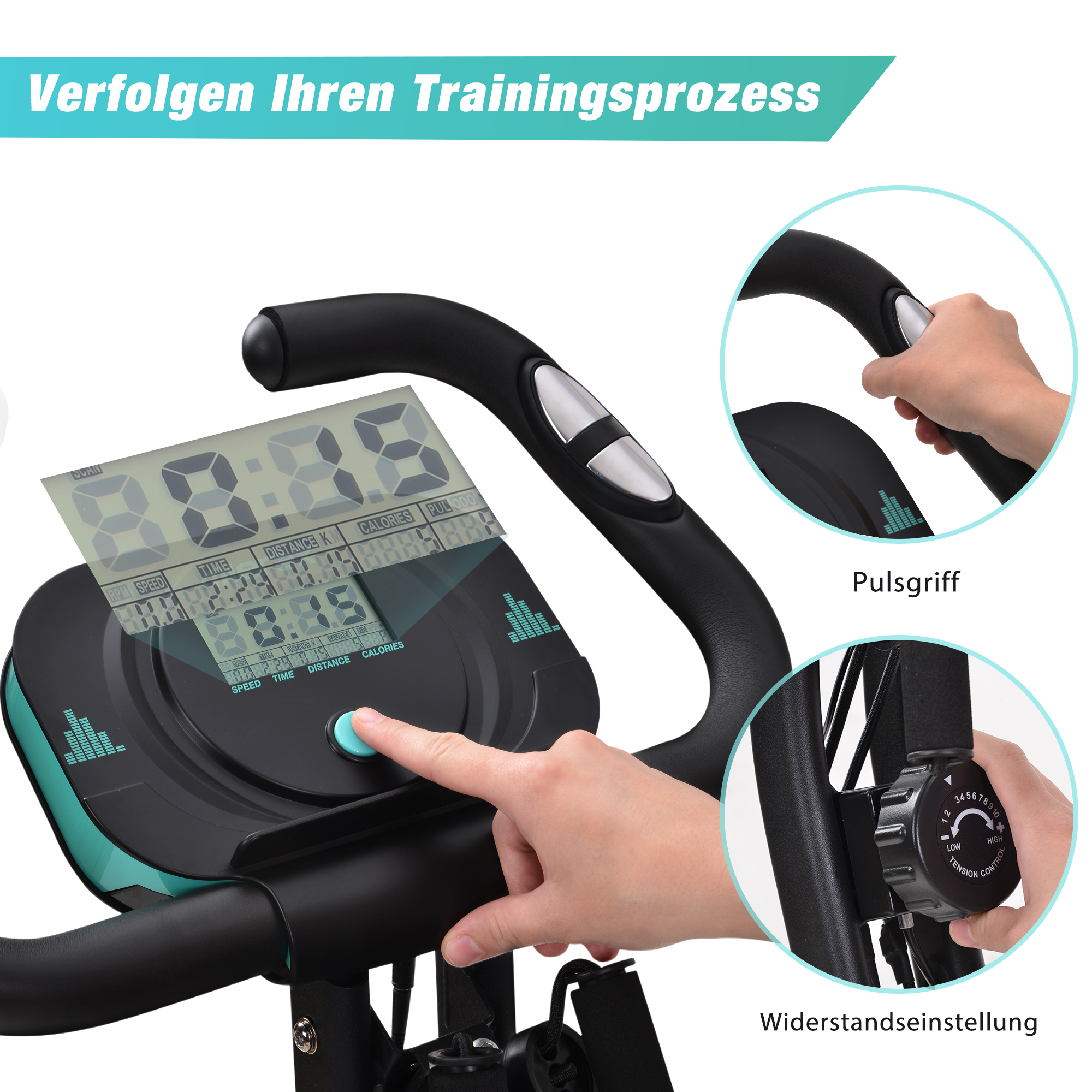 Ergometer-Details. Digitalanzeige, Einstellrad und Handgriffe.