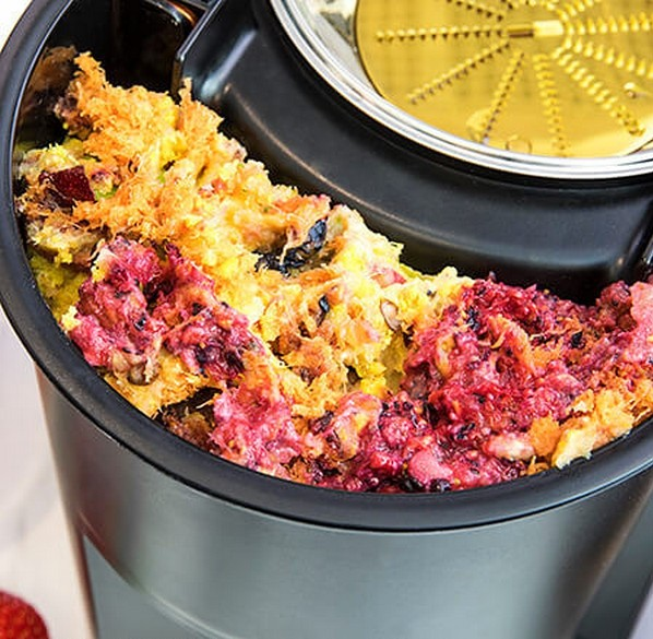 Un estrattore di succo con polpa di diversi colori e consistenze. Il succo è nella parte nera.