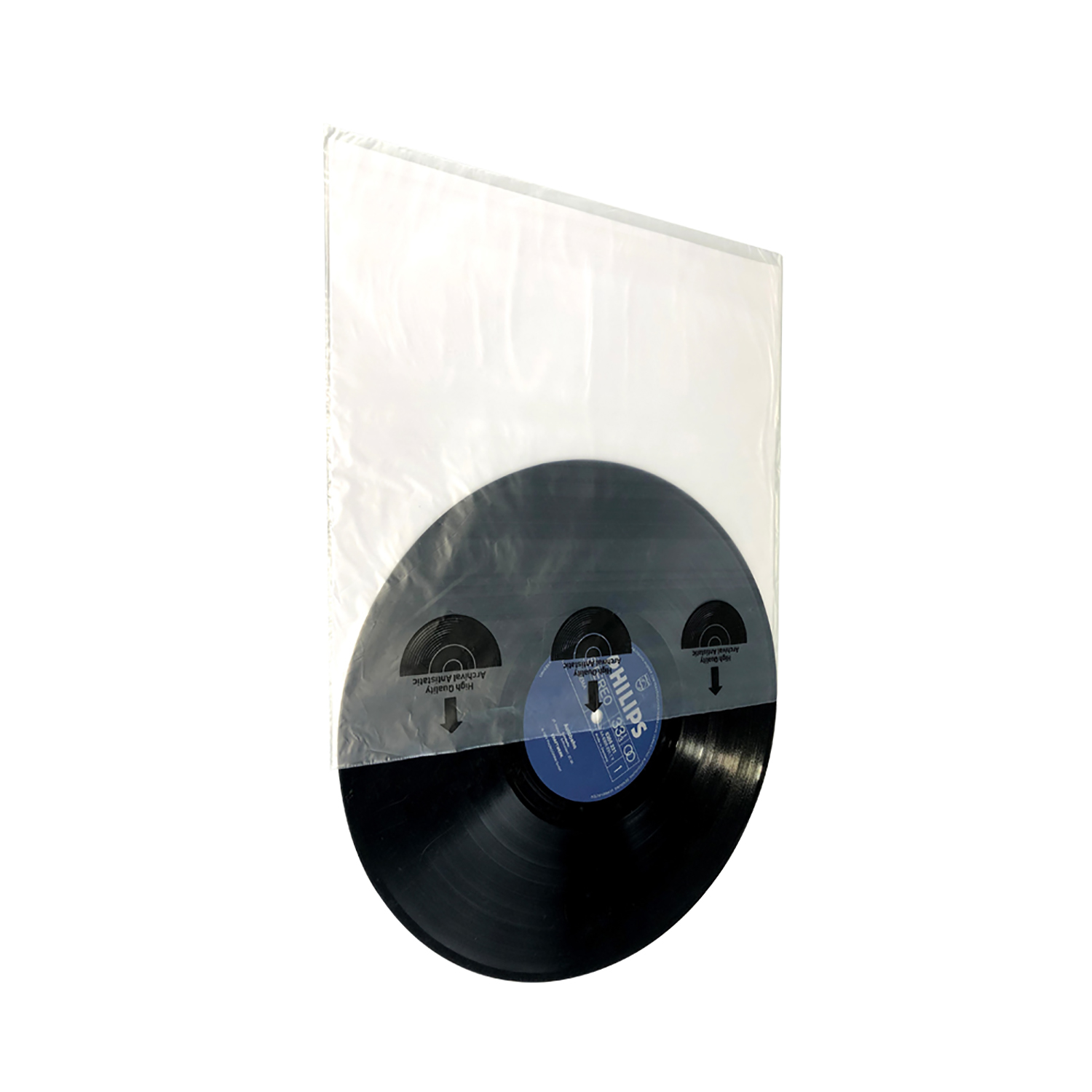 Vinyl-Schallplatte in Plastikhülle. Schwarze Schallplatte mit sichtbarem Etikett. Hülle ist klar mit Text und Pfeilen.