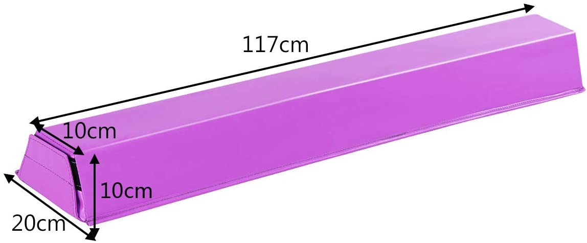 Ein langer, violetter Schwebebalken mit cm-Maßen beschriftet.