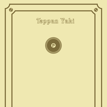 Schild im Vintage-Stil mit Text 'Teppan Yaki' und kreisförmigem Design.