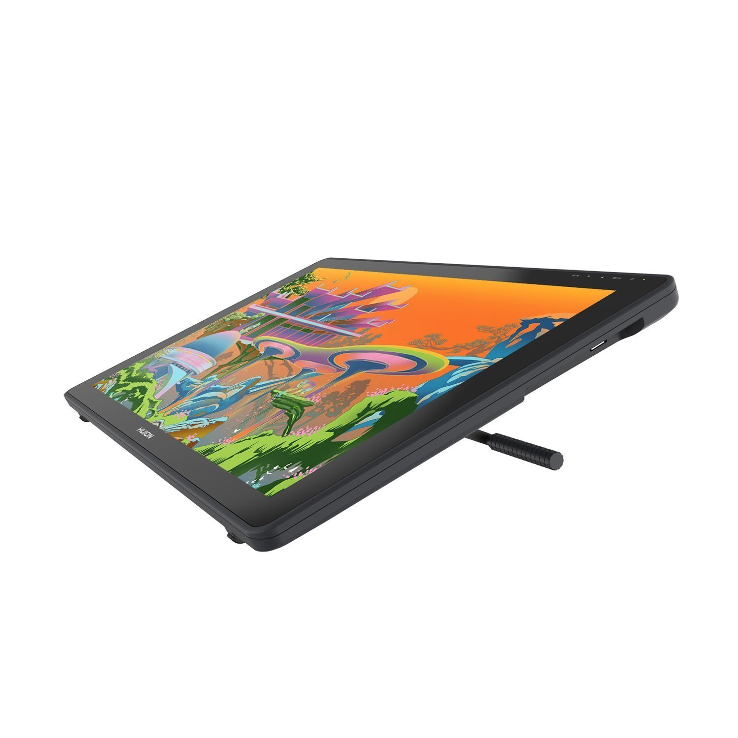 Schwarzes Tablet mit digitaler Kunst auf dem Bildschirm, abgewinkelt. Stift befestigt. Weißer Hintergrund.