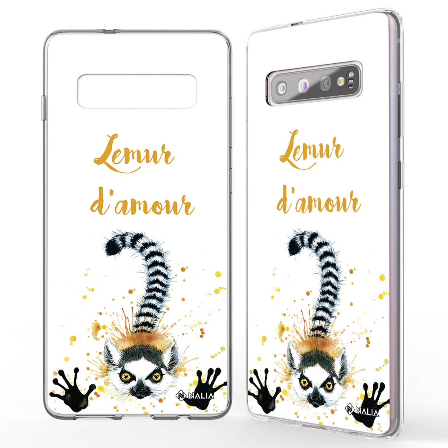 Handyhülle mit Lemuren-Design und goldenem Text. Der Lemur hat einen gestreiften Schwanz.