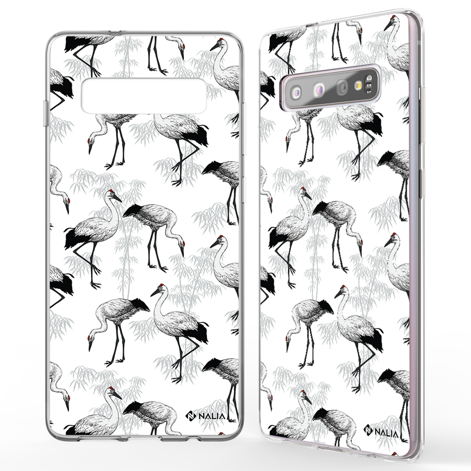 Handyhülle mit Kranichmuster. Zwei Telefone, eines mit Hülle, das andere zeigt Rückseite.