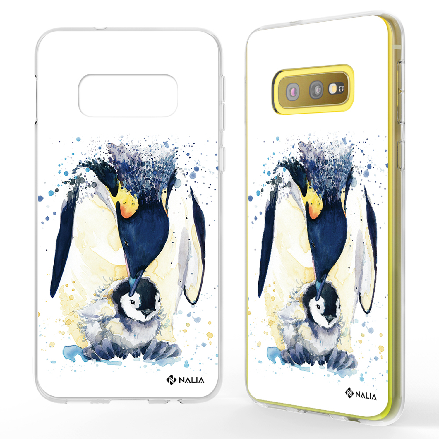 Handyhülle mit Aquarell-Pinguinen, Mutter und Küken.