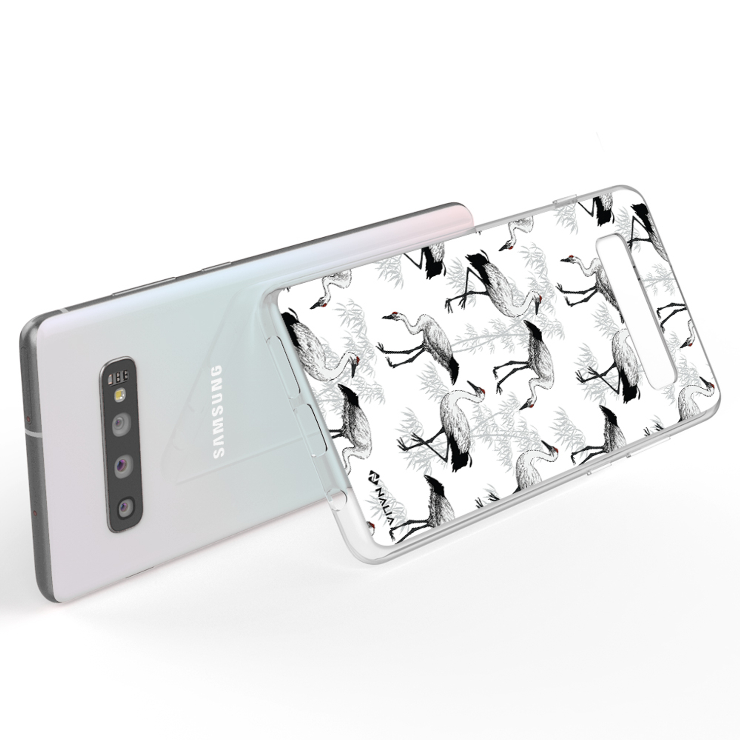 Ein weißes Samsung-Telefon mit einer Hülle mit Kranich-Design. Die Hülle ist transparent.