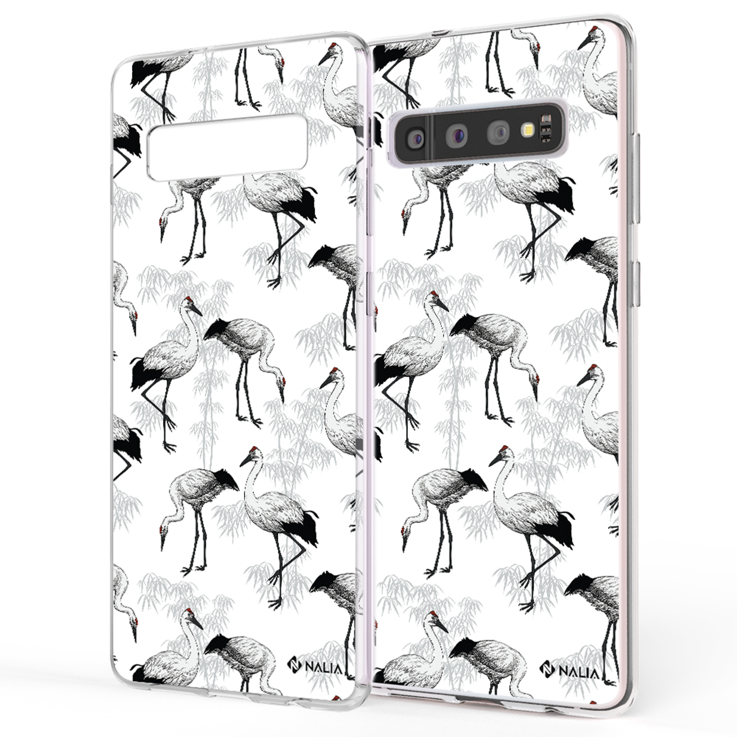 Weiße Handyhülle mit Kranichmuster. Zwei nebeneinander angezeigte Hüllen zeigen das Design auf dem Telefon.