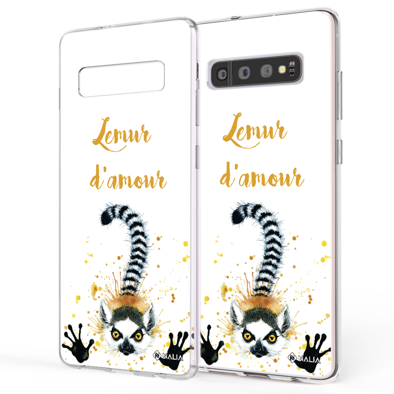 Zwei Handyhüllen mit Lemurenkunst und goldenem Text. Weißer Hintergrund.