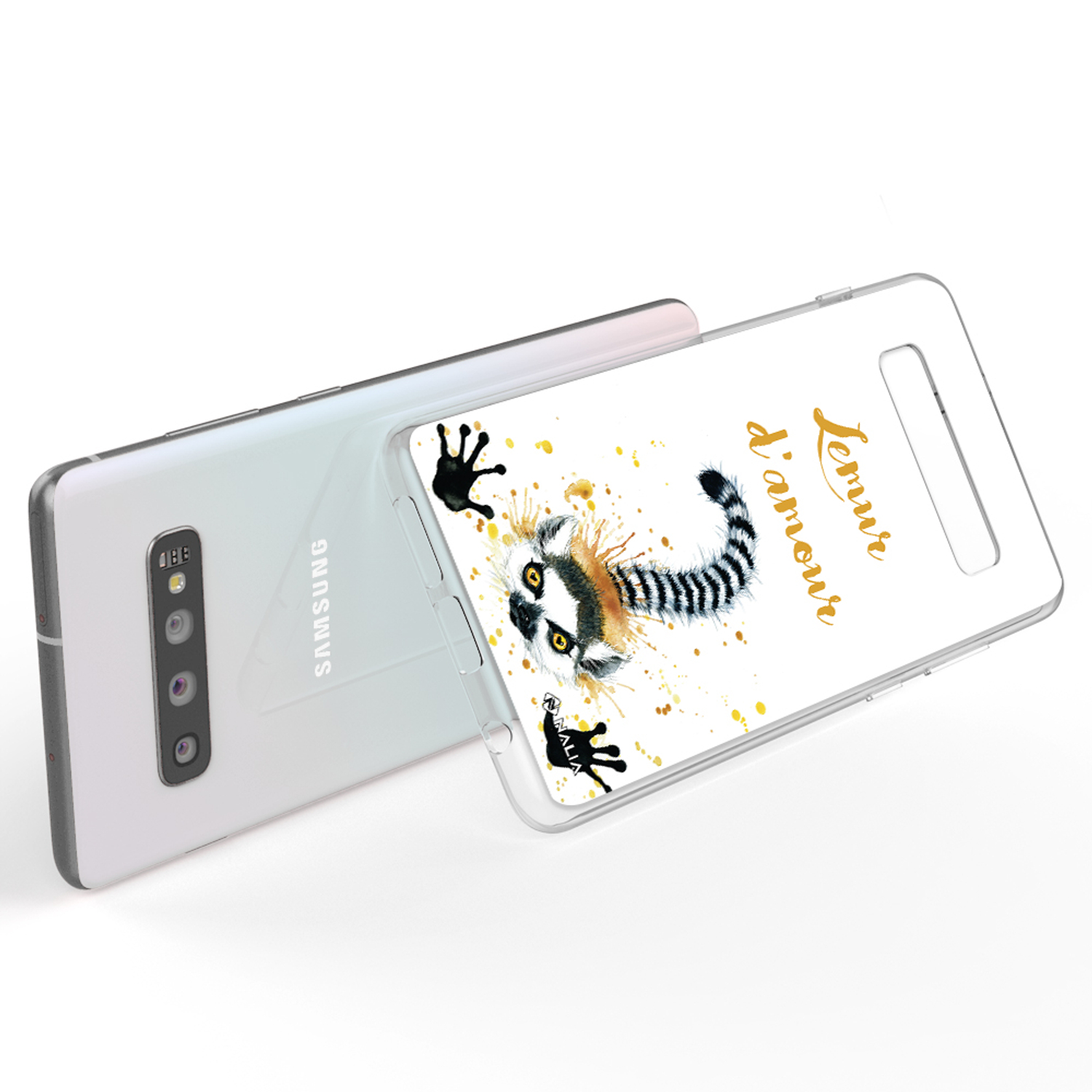 Weißes Samsung-Telefon mit klarer Hülle. Hülle hat Lemuren-Design mit goldenem Text. NALIA-Logo.