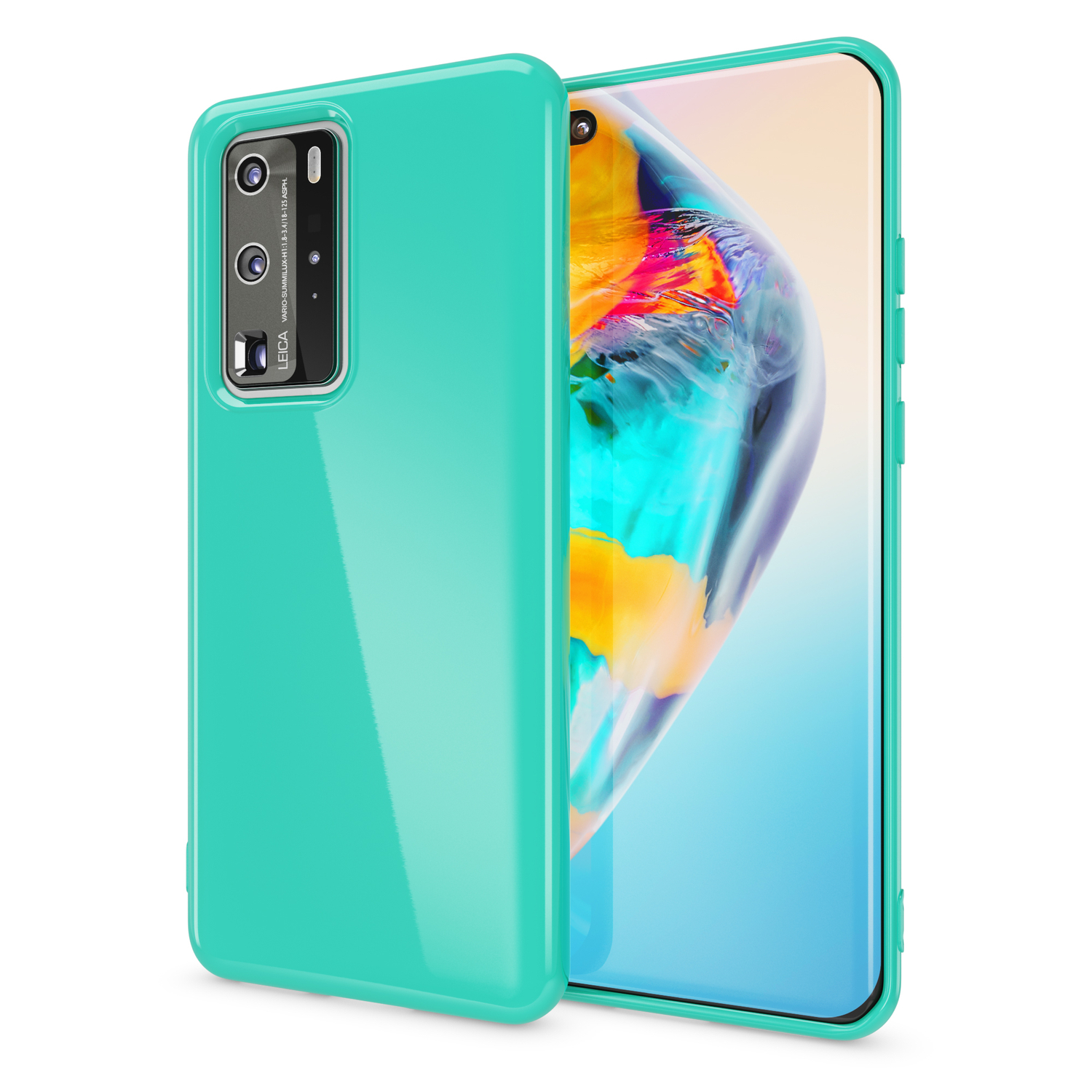 Telefon mit türkisfarbener Hülle. Hülle hat einen klaren Rahmen.