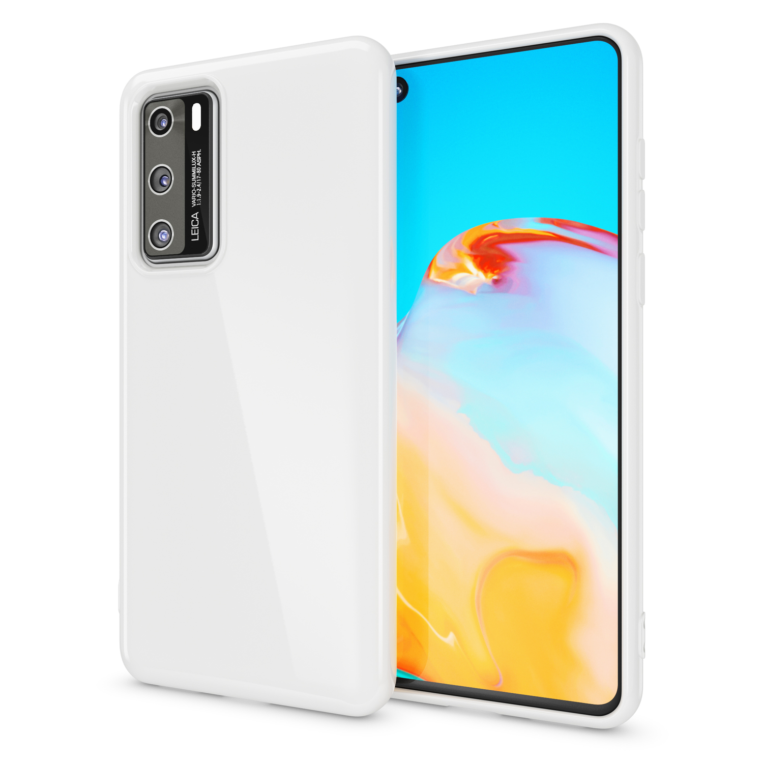 Eine weiße Handyhülle mit einem Telefon auf der rechten Seite.