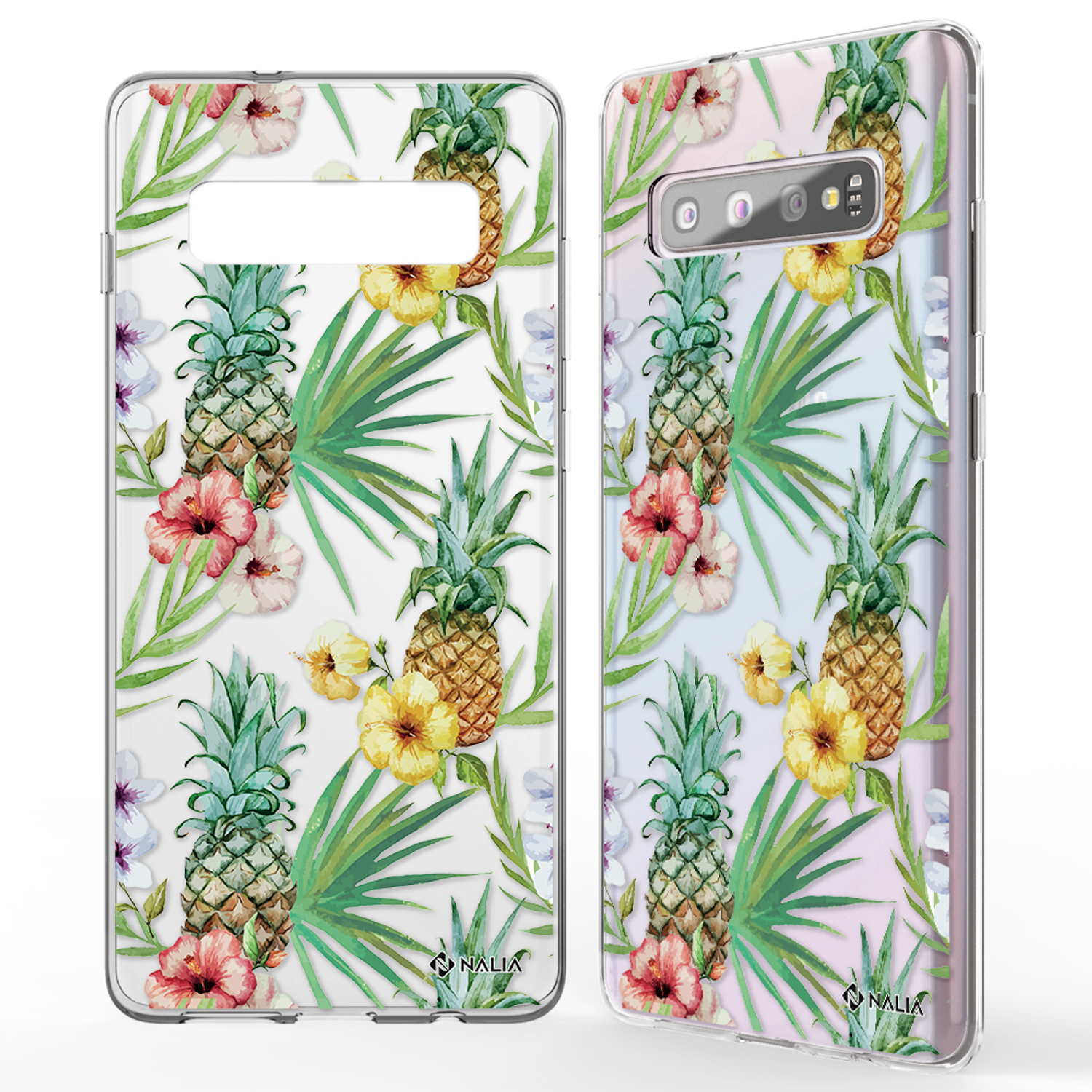 Transparente Handyhüllen mit Blumen- und Ananas-Design. Beide Hüllen haben das NALIA-Logo unten.