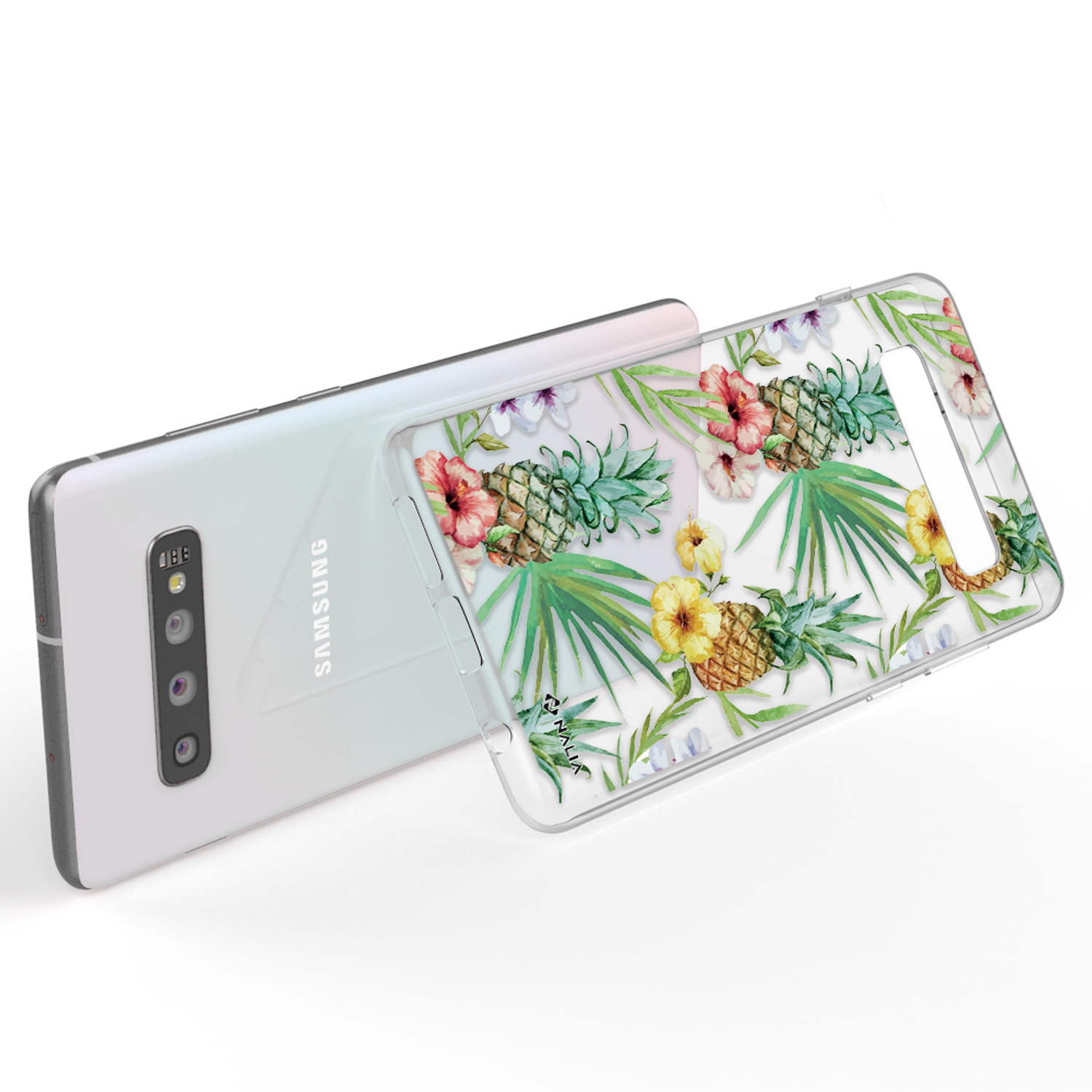 Telefon mit floraler Ananas-Hülle. Hülle zeigt Ananas, Blumen und Blätter.