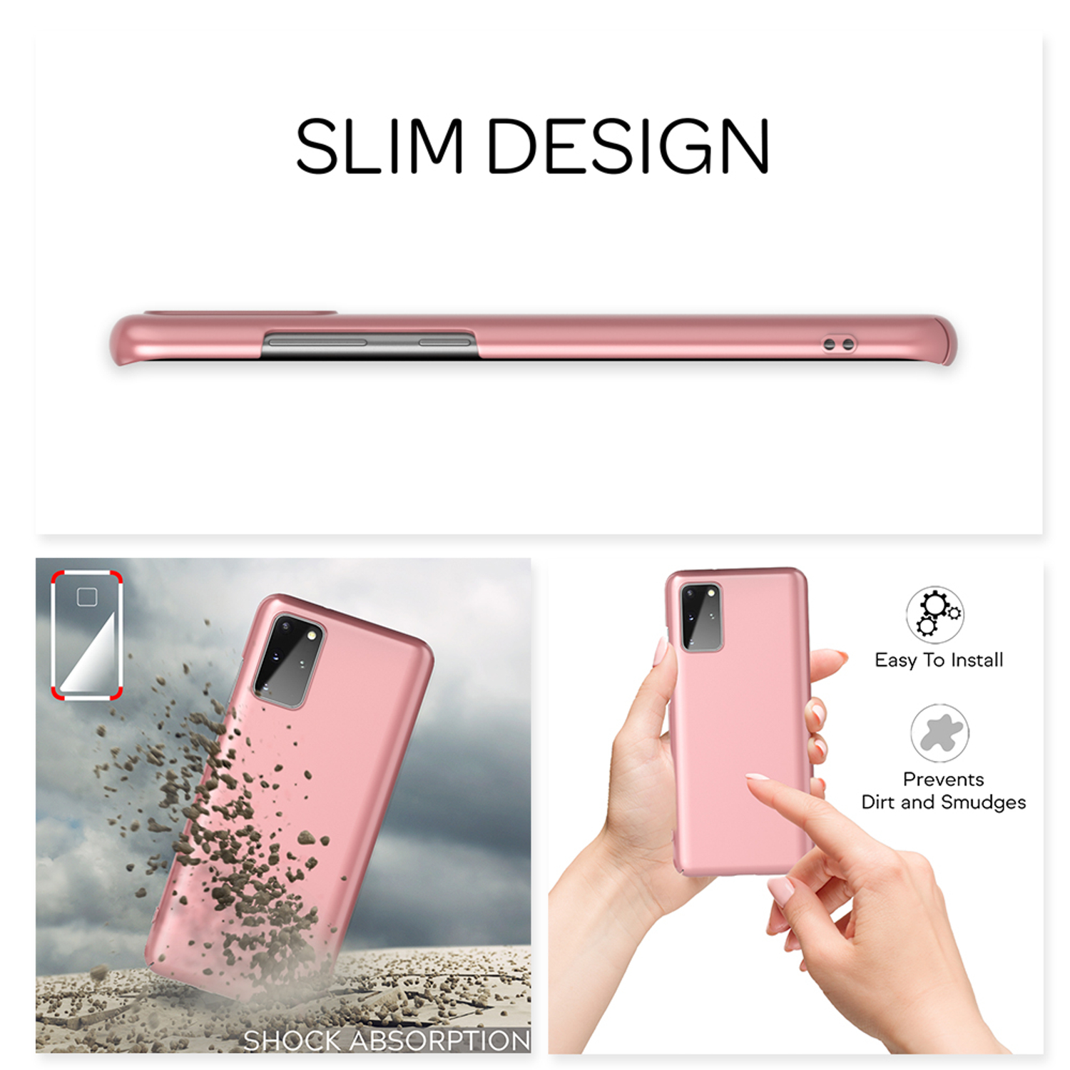 Rosa Handyhülle mit Produktdetails, einschließlich Stoßdämpfung und einfacher Installation.