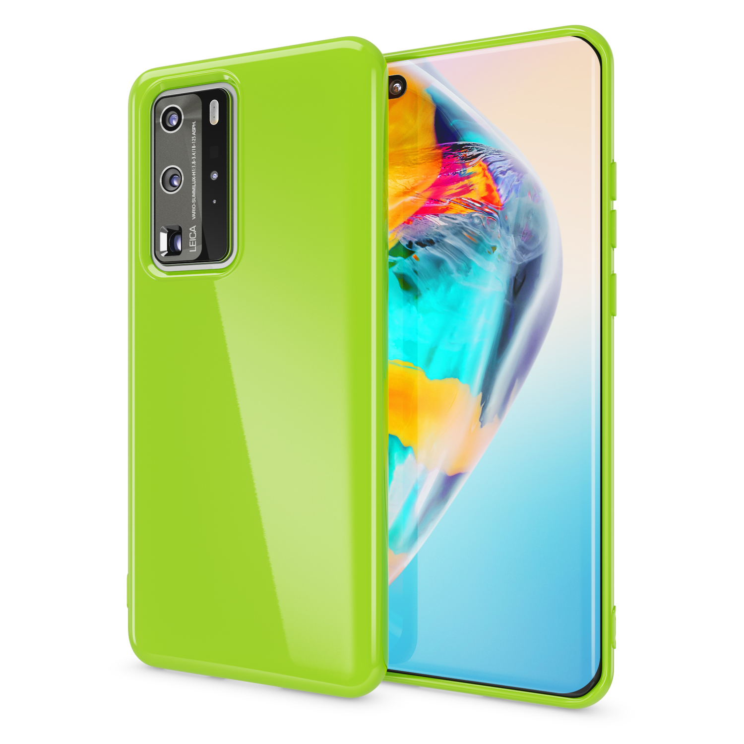 Grüne Handyhülle mit Telefon. Der Telefonbildschirm ist sichtbar. Weißer Hintergrund.