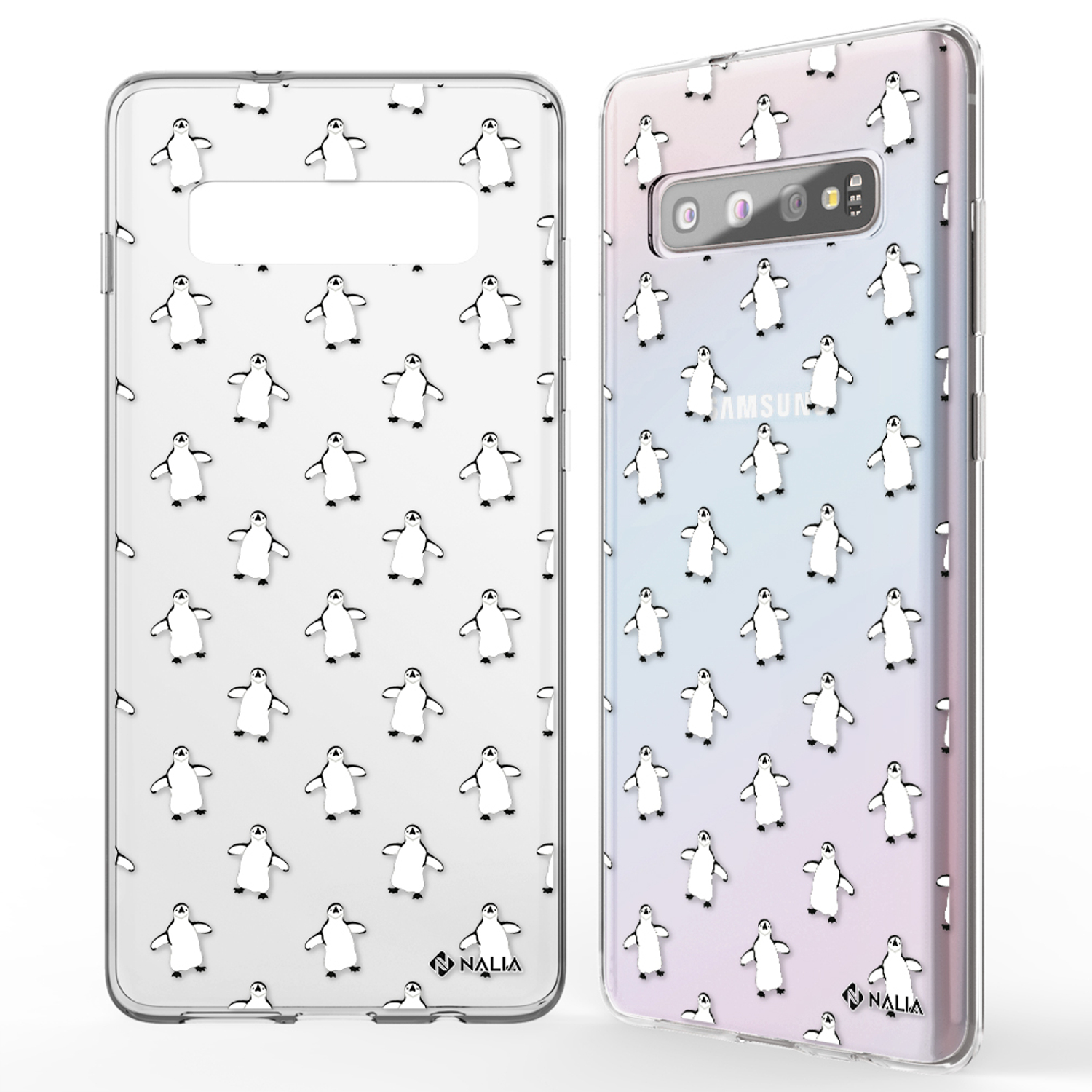 Transparente Handyhülle mit Pinguinen, zeigt zwei Telefone.