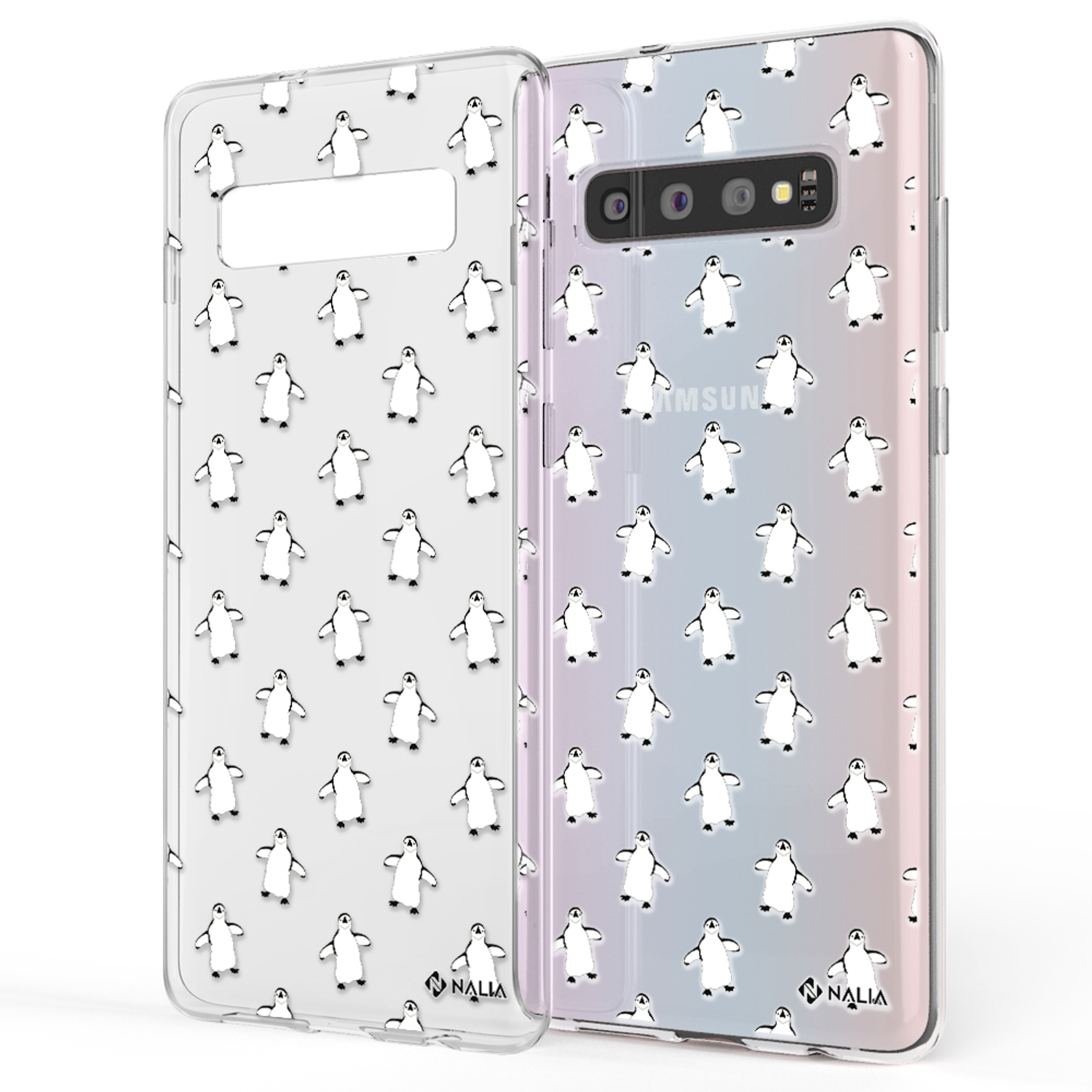 Transparente Handyhülle mit Pinguinmuster, in einem Telefon, auf weiß-violettem Hintergrund.