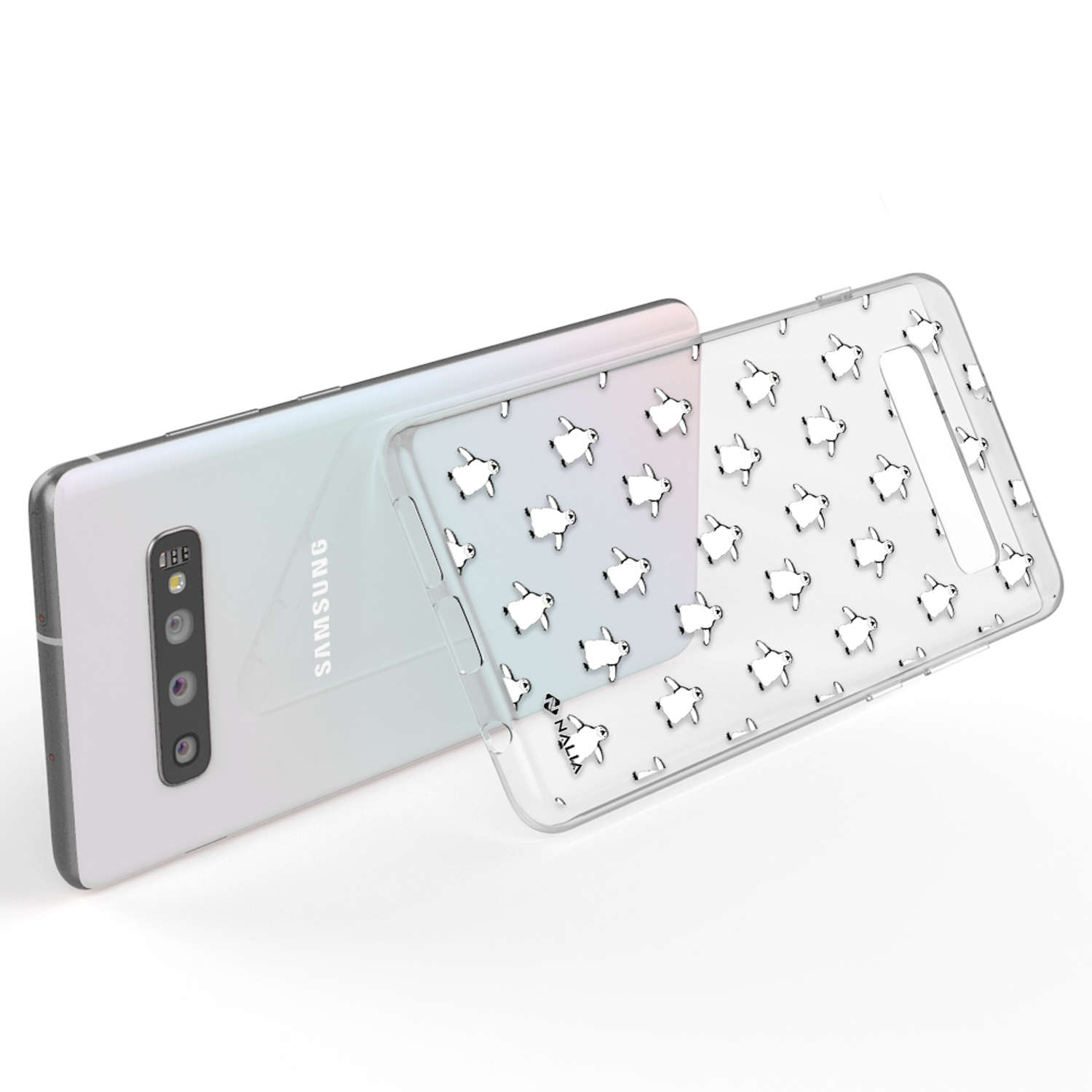 Ein weißes Telefon mit einer Hülle mit Pinguinmuster. Die Hülle ist aus klarem Kunststoff. Samsung steht auf dem Telefon.