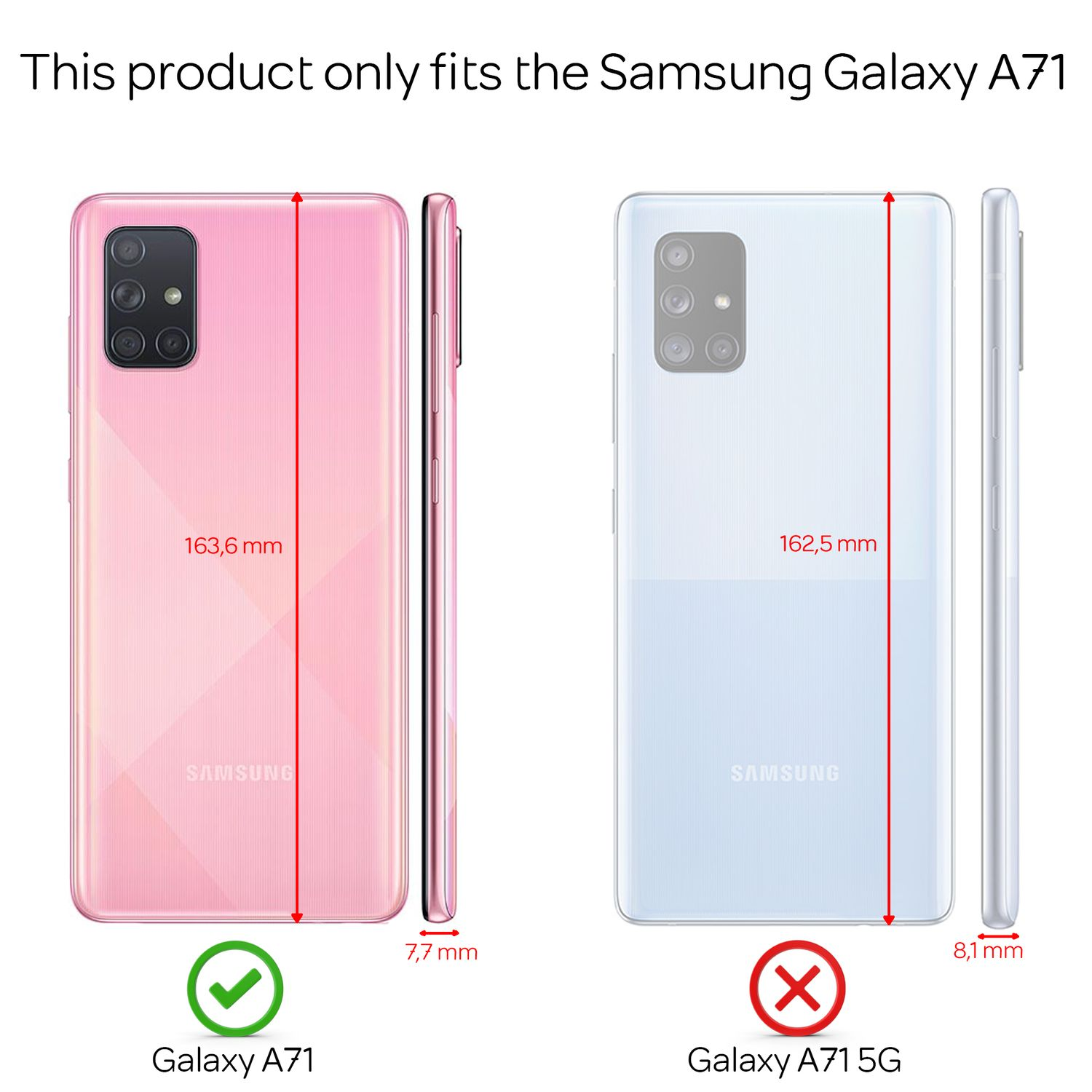Zwei Telefone, eines rosa und eines weiß, mit Abmessungen. Rosa für Galaxy A71, weiß für A71 5G.