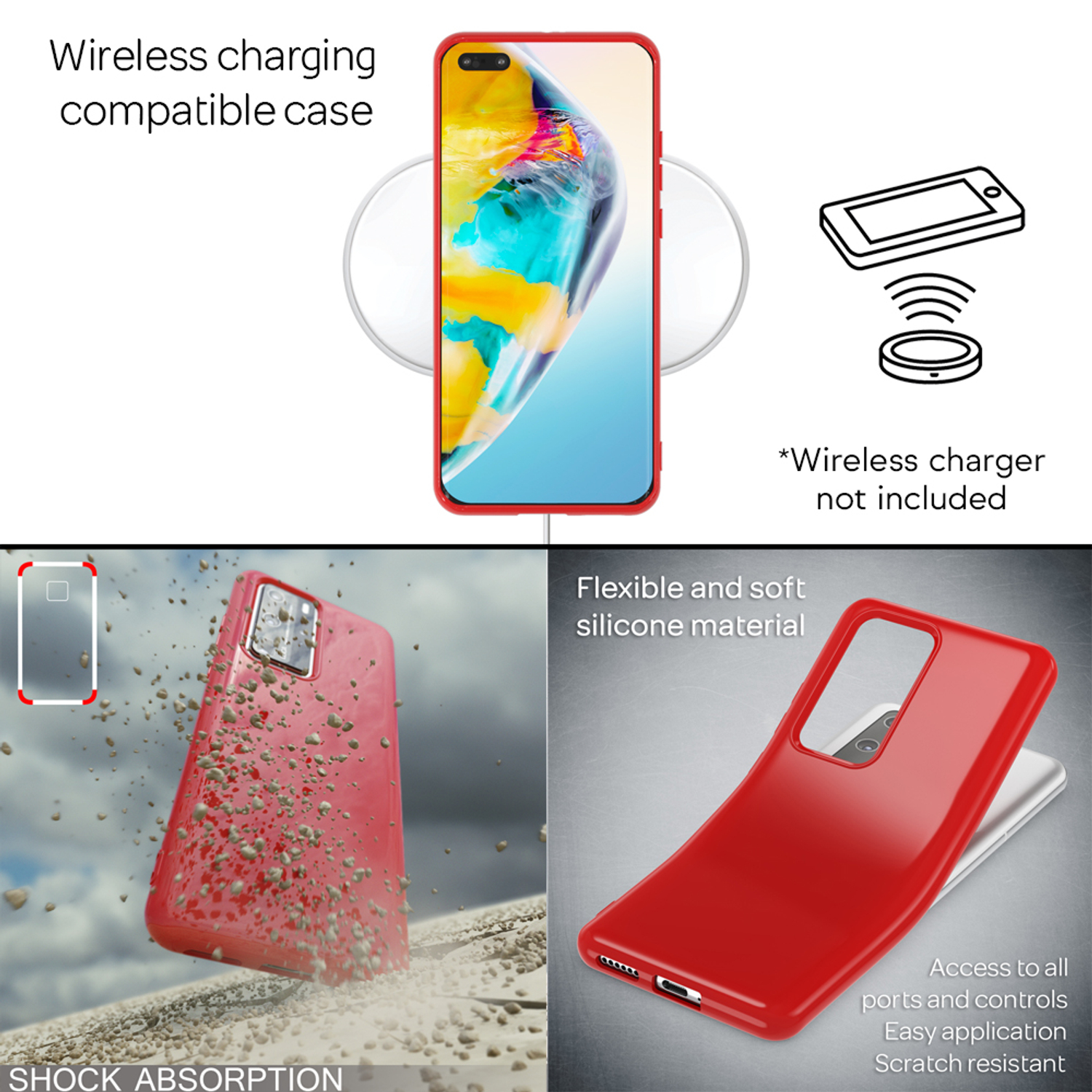 Rote Handyhülle mit Telefon, kabellosem Ladegerät und Illustrationen zur Stoßabsorption und Materialeigenschaften.