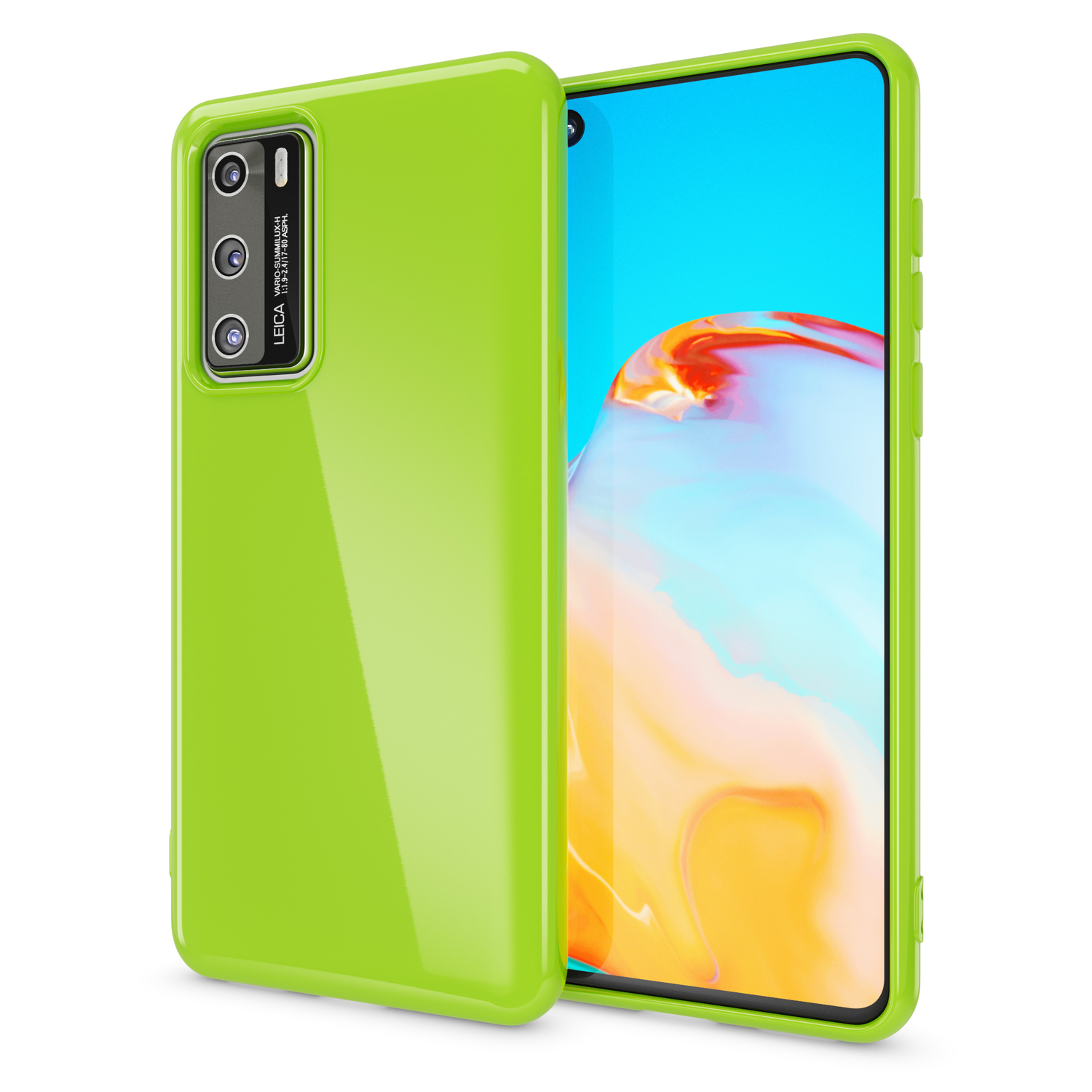 Eine grüne Handyhülle neben einem Telefon mit blau-grünem Bildschirm.