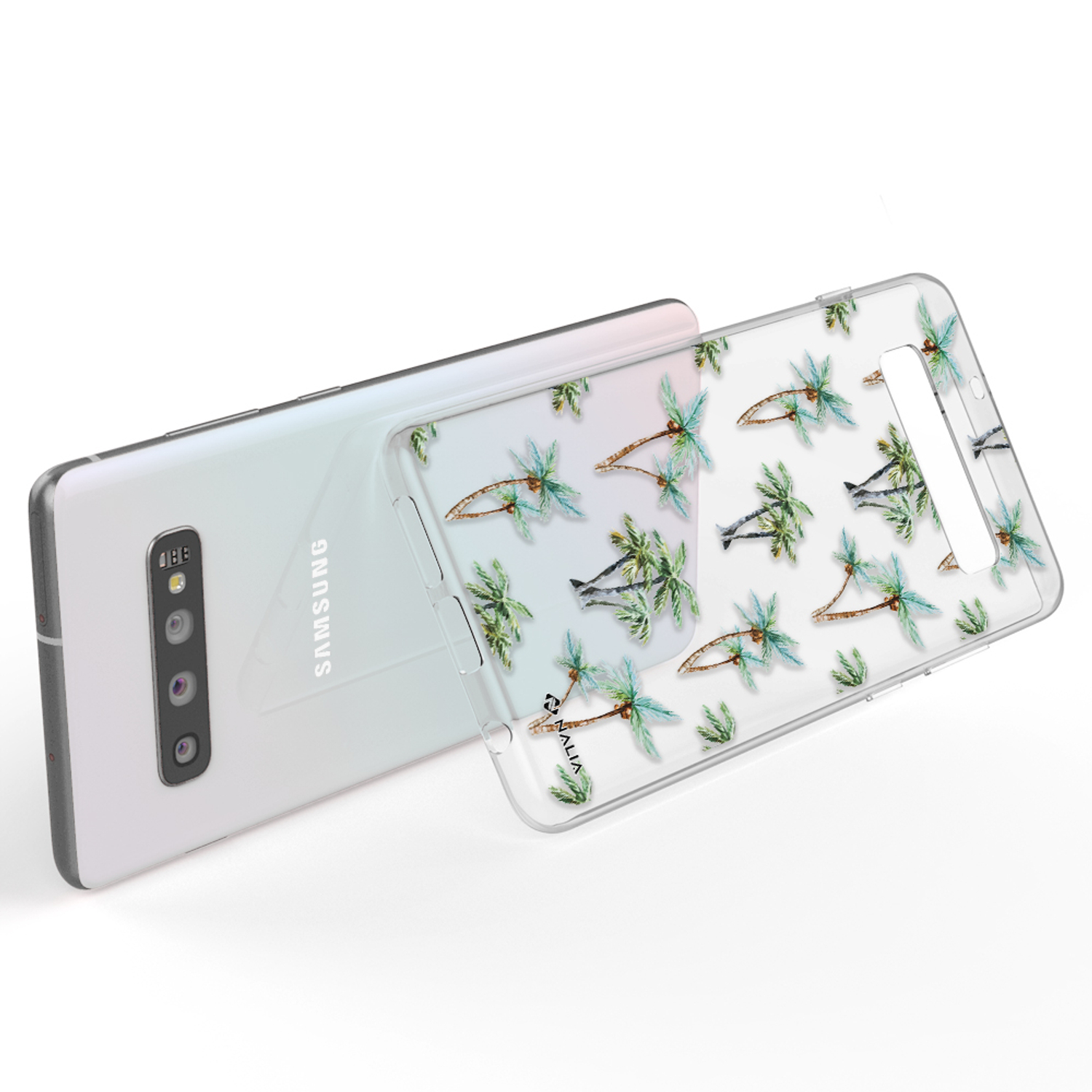 Eine transparente Handyhülle mit Palmenmuster auf einem weißen Samsung-Telefon.