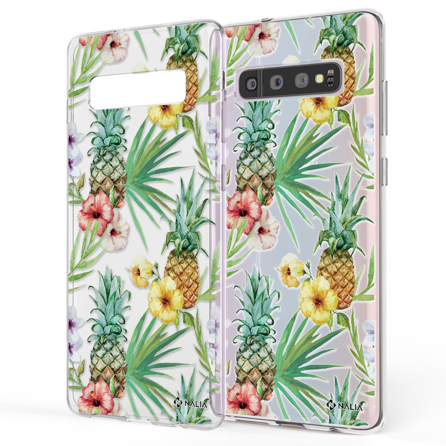 Handyhülle mit tropischem Ananas- und Blumenmuster. Klare Hülle auf rosa Hintergrund.