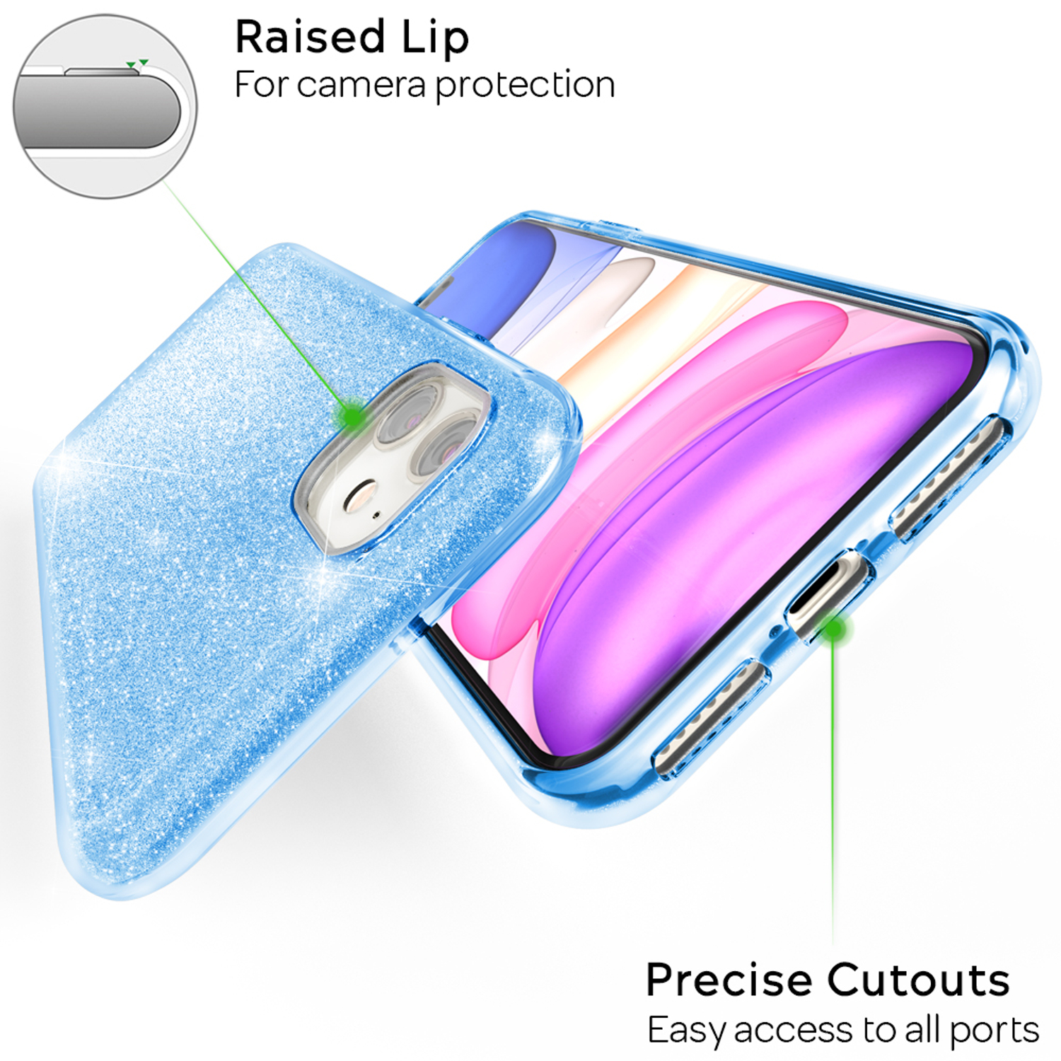 Funda azul con purpurina, detalles que muestran protección de cámara y recortes de puertos.