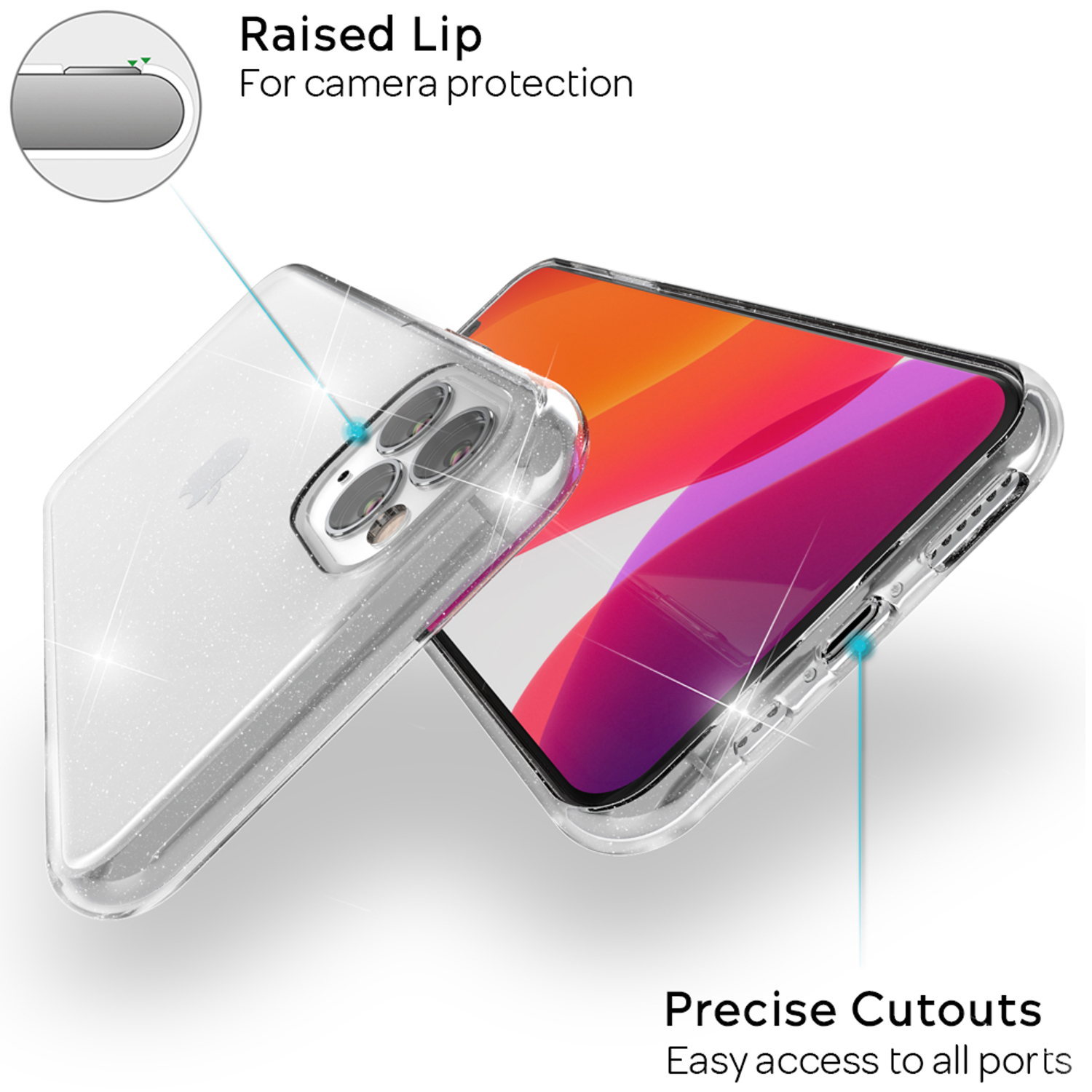 Una funda transparente para teléfono en un teléfono, con etiquetas de texto. La pantalla del teléfono muestra gráficos coloridos.