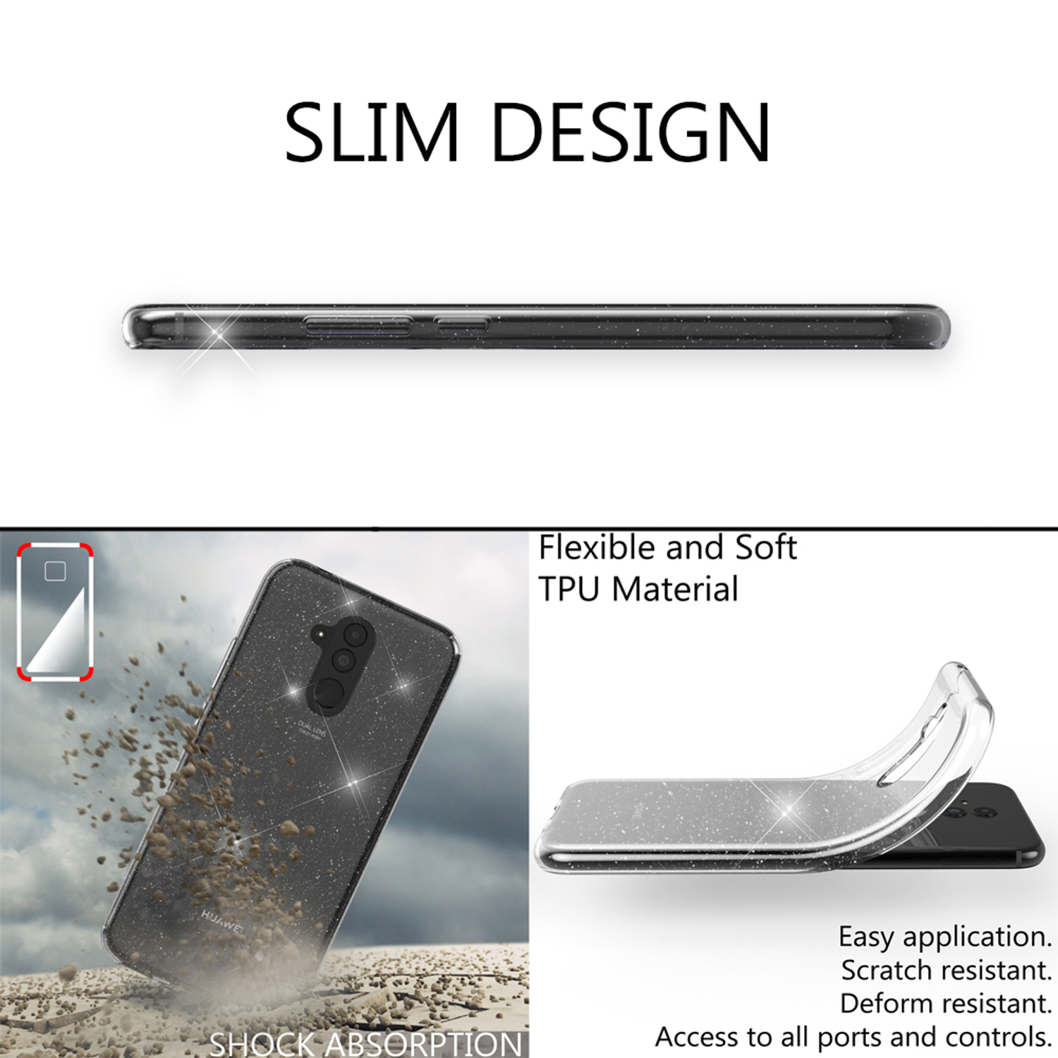 Schwarze Handyhülle mit Telefon. Zeigt schlankes Design, flexibles TPU-Material, einfache Anwendung und Kratzfestigkeit.