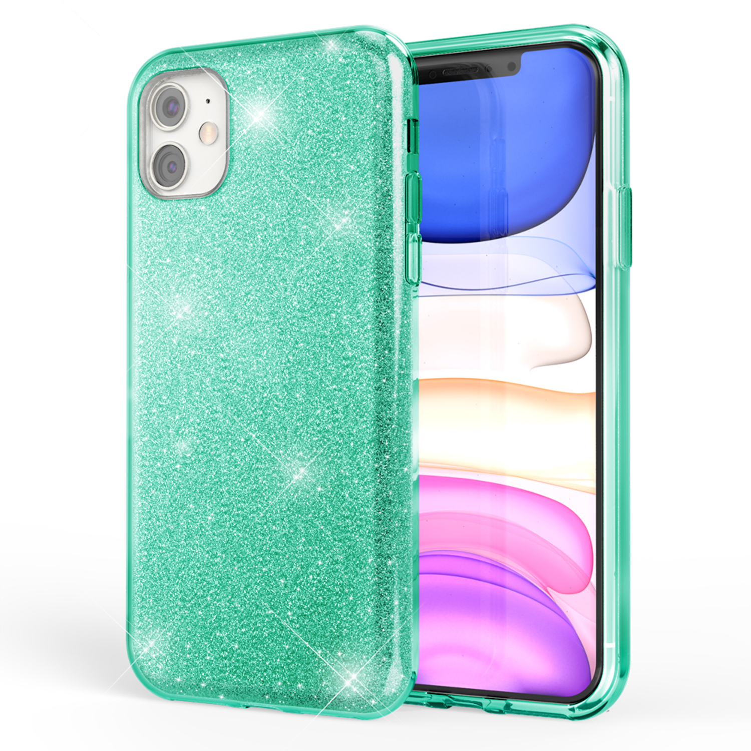 Funda de teléfono verde con purpurina. El teléfono en el interior tiene una pantalla azul. La funda tiene un borde transparente.