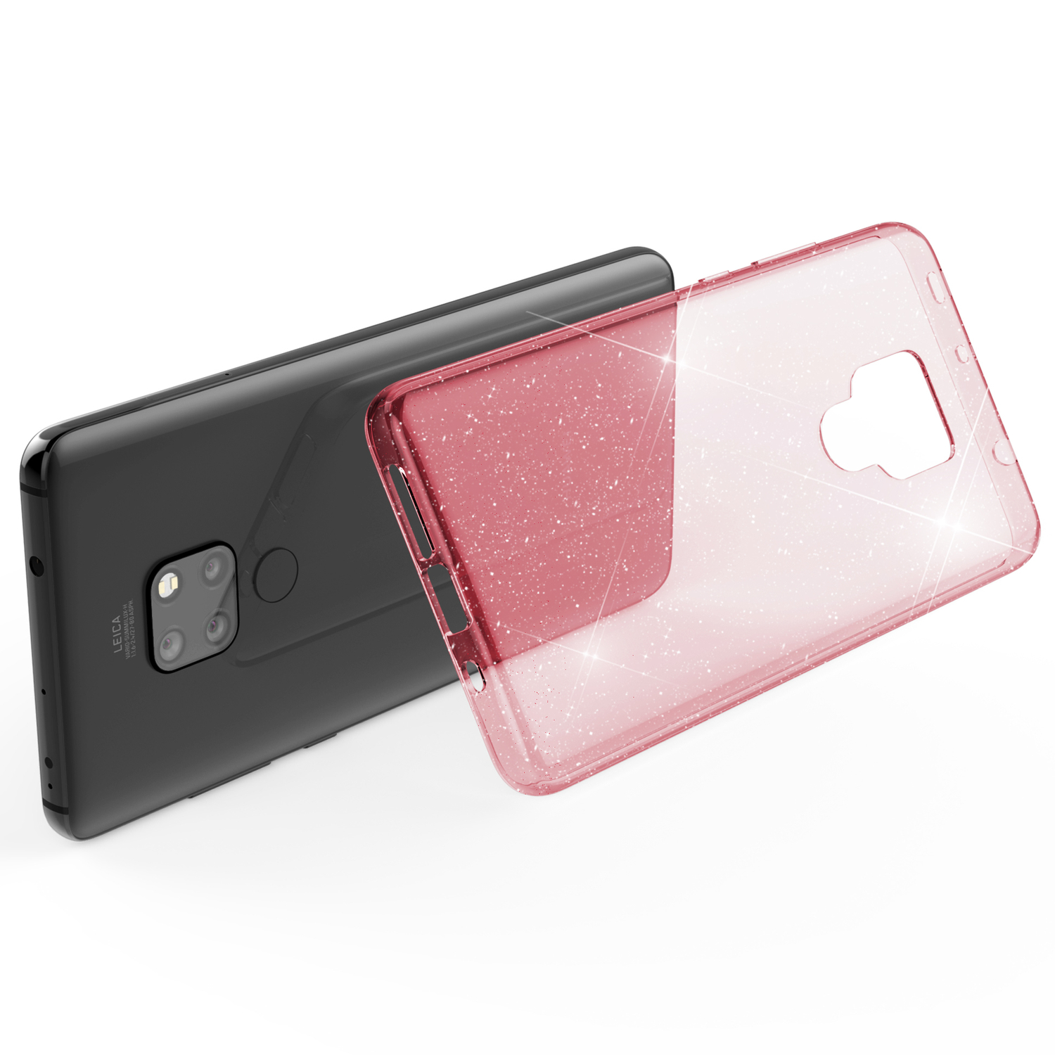 Un téléphone avec une coque rouge scintillante. Téléphone noir. La coque est ouverte. Effet scintillant.