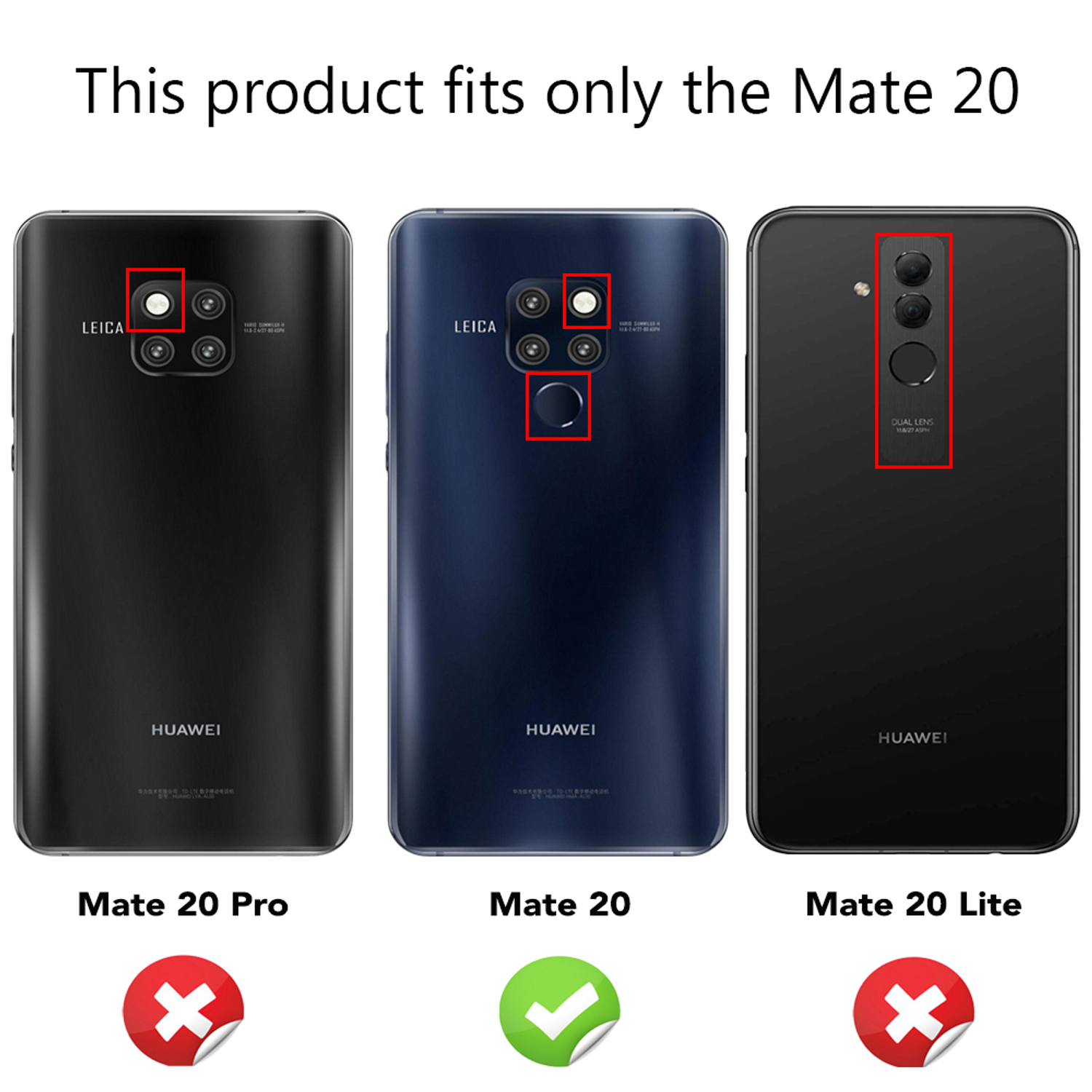 Trois téléphones avec différents designs de caméra, texte indiquant : "Ce produit ne convient qu'au Mate 20".