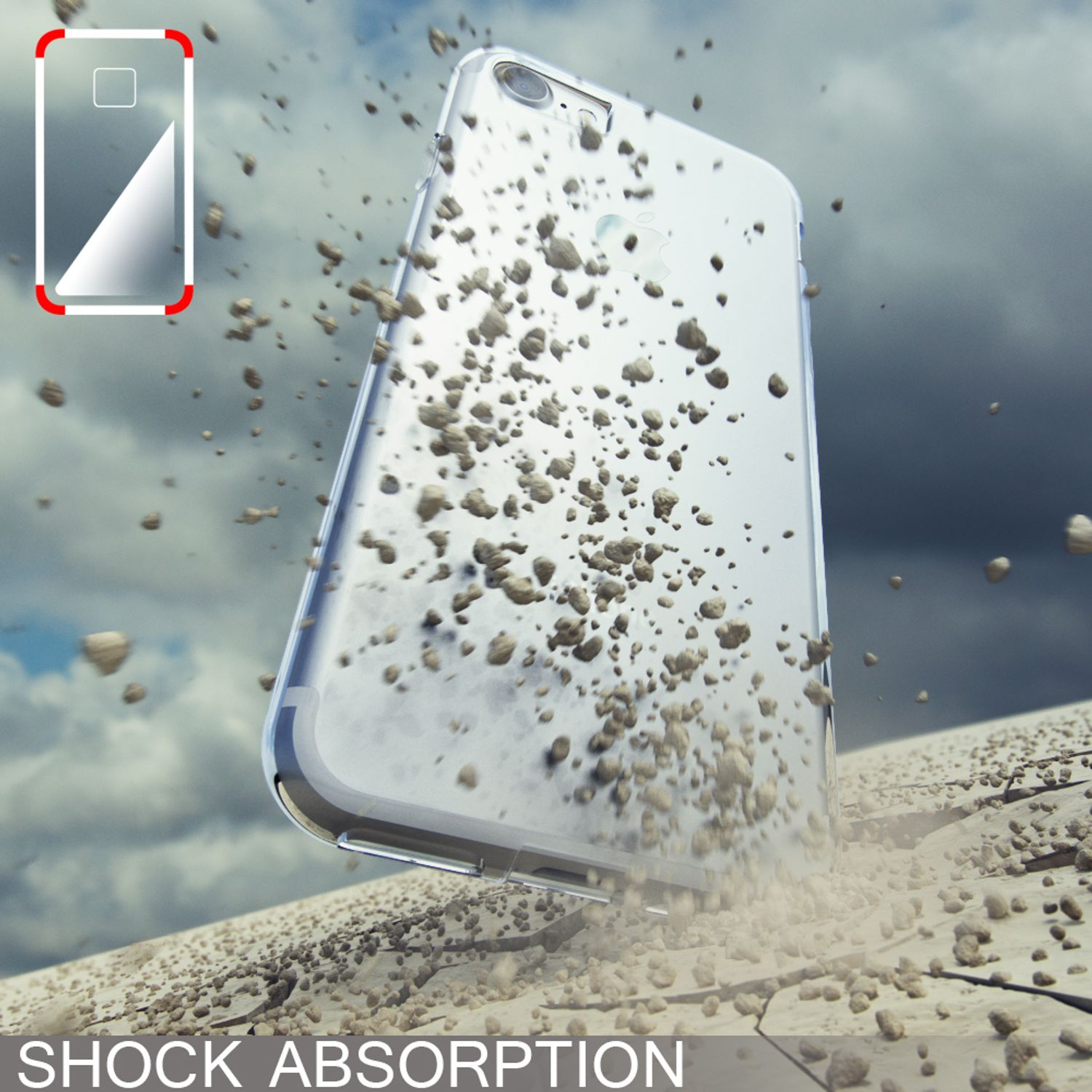 Funda de teléfono con rocas cayendo. Muestra el teléfono con una funda transparente. Texto: ABSORCIÓN DE IMPACTOS.