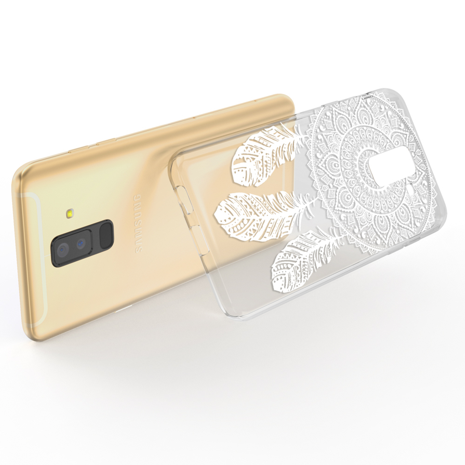 Telefon mit weißer dekorativer Handyhülle mit Federn und Mandala-Design.