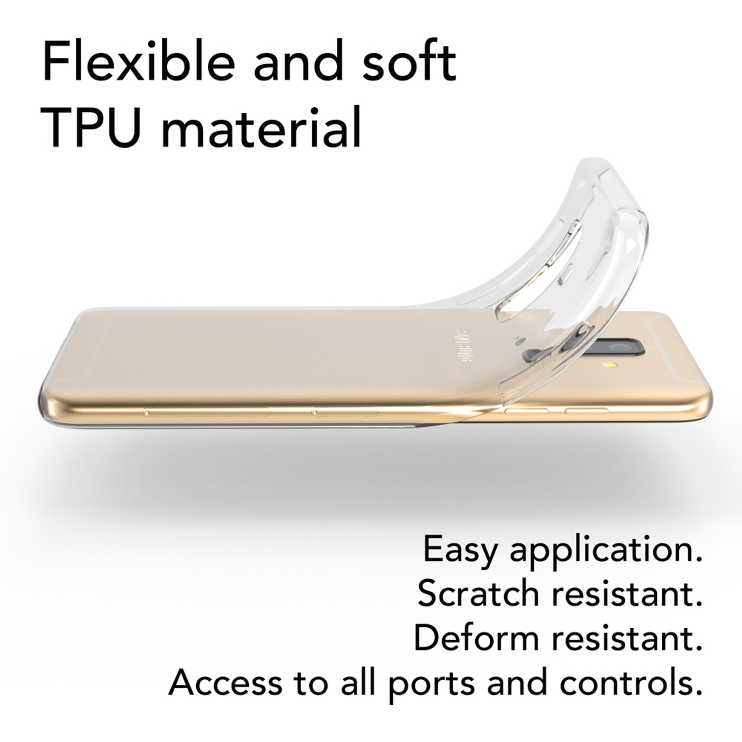 Eine transparente Handyhülle auf einem goldenen Telefon, für Flexibilität gebogen, mit Text.