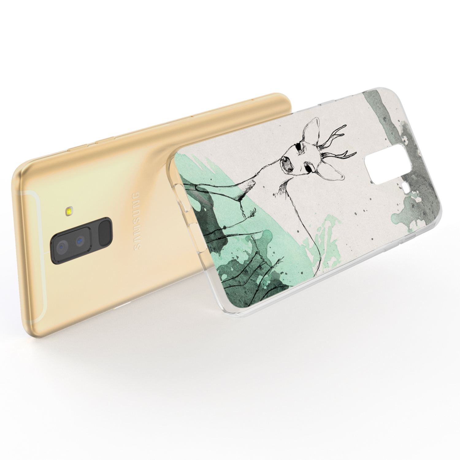 Handyhülle mit Hirschskizzen-Design. Das Telefon ist goldfarben. Das Design scheint Aquarell zu sein.
