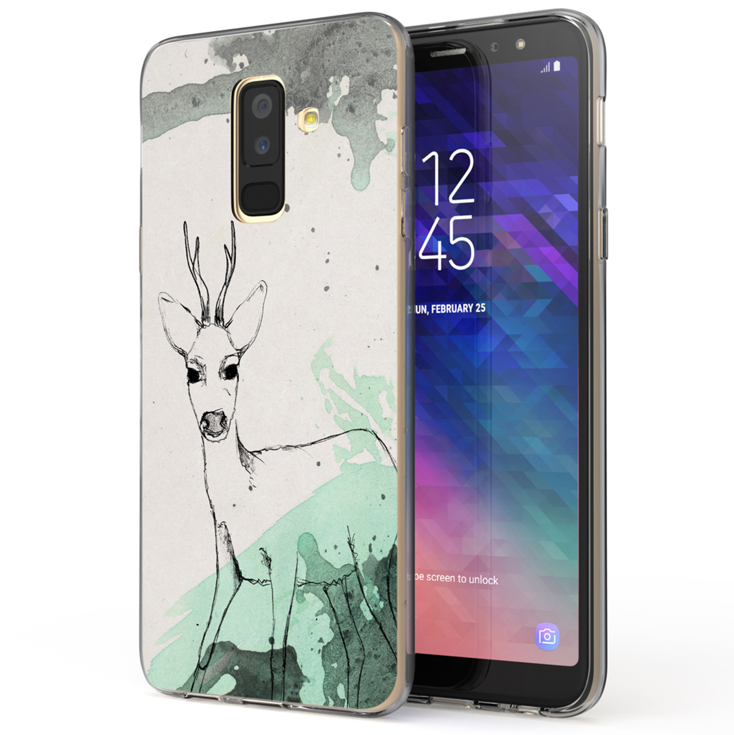 Eine Handyhülle mit einem Hirschdesign und ein Telefon, das eine App-Oberfläche zeigt.