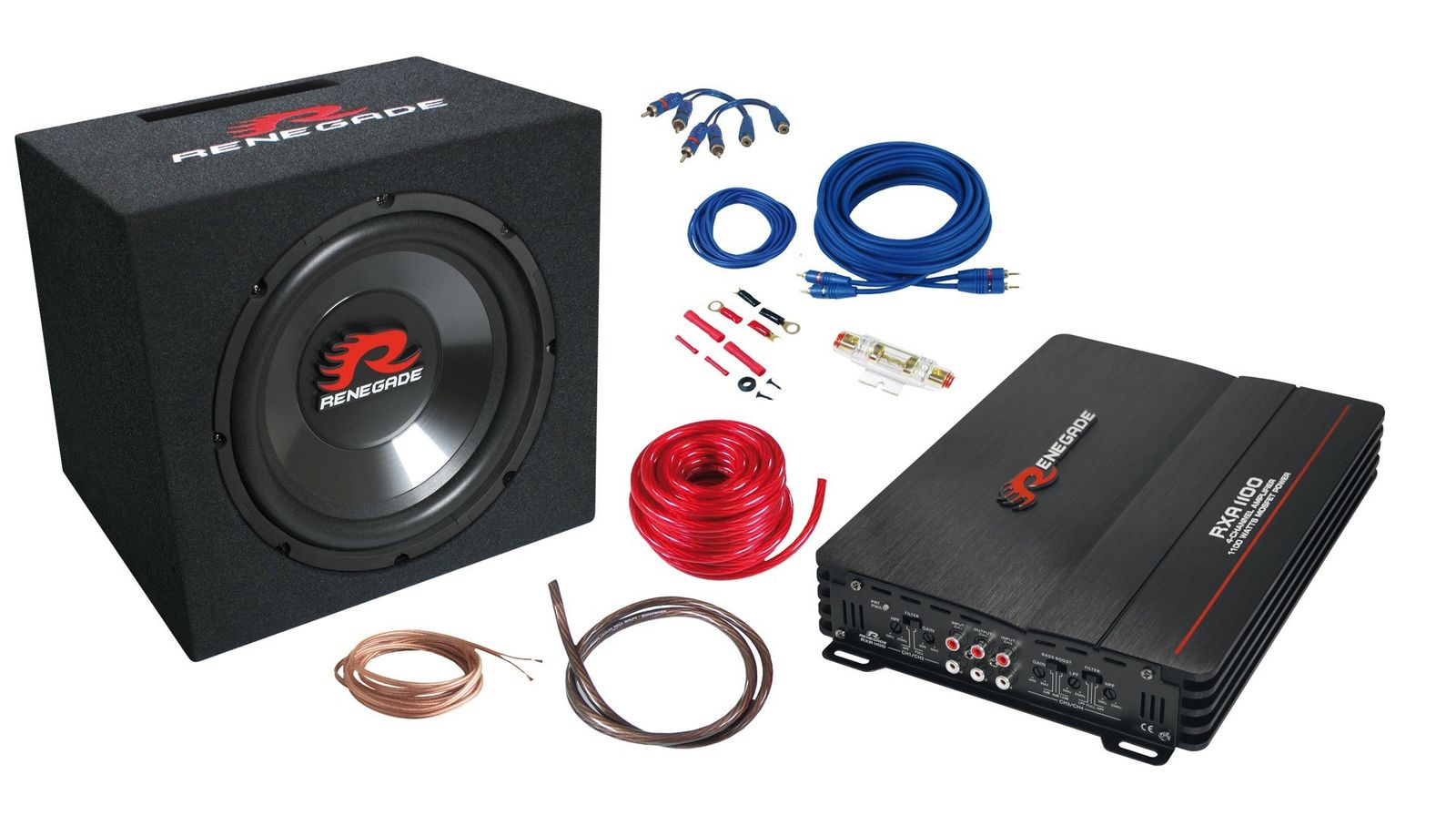 Das Bild zeigt Auto-Audio-Ausrüstung: einen Subwoofer, einen Verstärker und zugehörige Verkabelung und Zubehör.