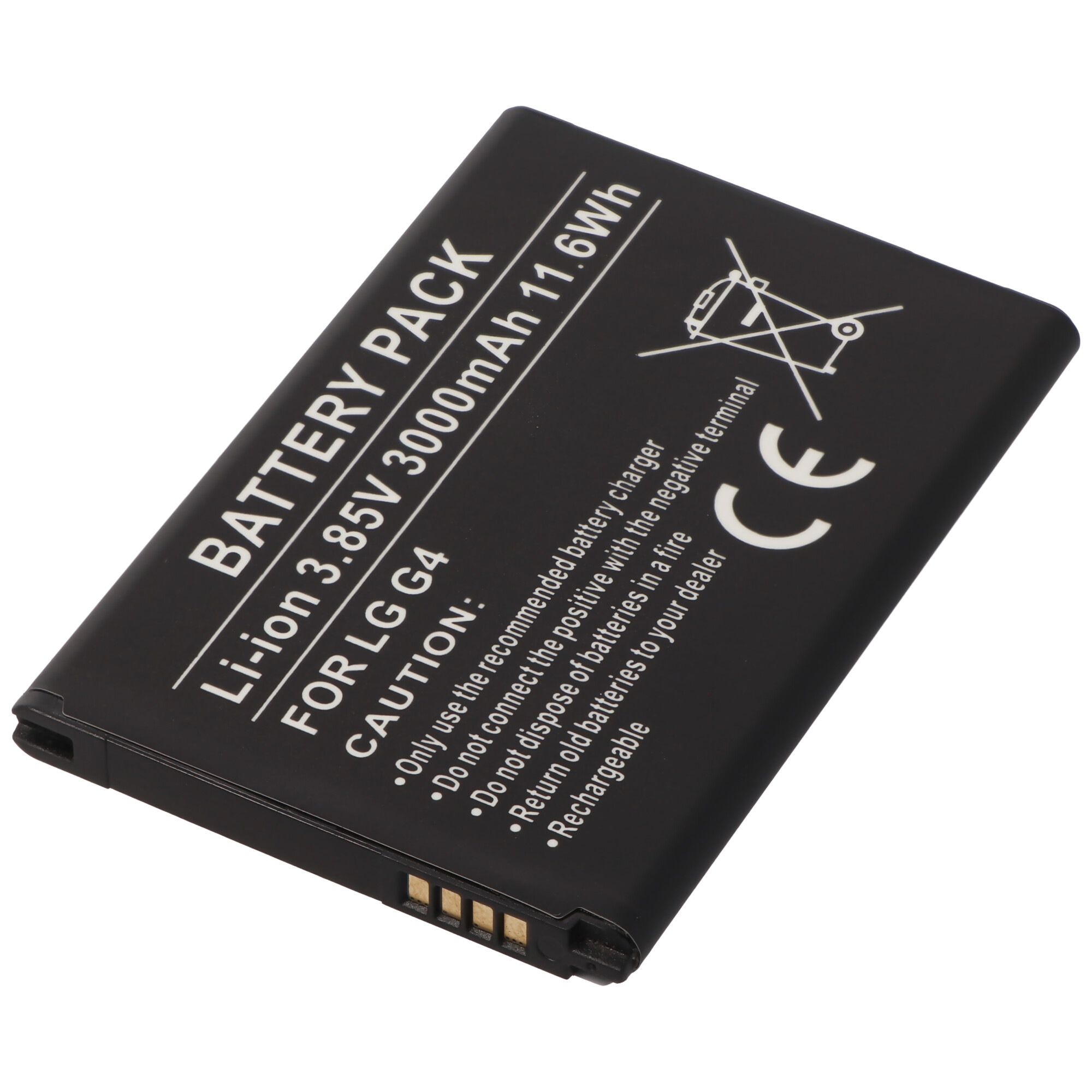Schwarzer Akku für LG G4. Text: Akku, Li-ion 3,85 V 3000 mAh 11,6 Wh.