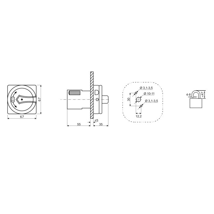Technische Zeichnung eines Schließmechanismus. Enthält Abmessungen und eine Vorhängeschlossillustration.