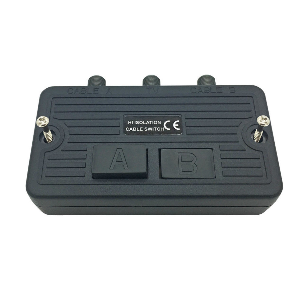Schwarzer Kabelschalter mit drei Anschlüssen: A, TV, B. Tasten A und B. HI ISOLATION CABLE SWITCH.