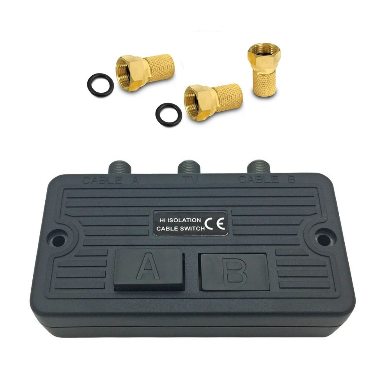 Schwarzer HI ISOLATION Kabelschalter mit goldfarbenen Steckern und schwarzen O-Ringen.