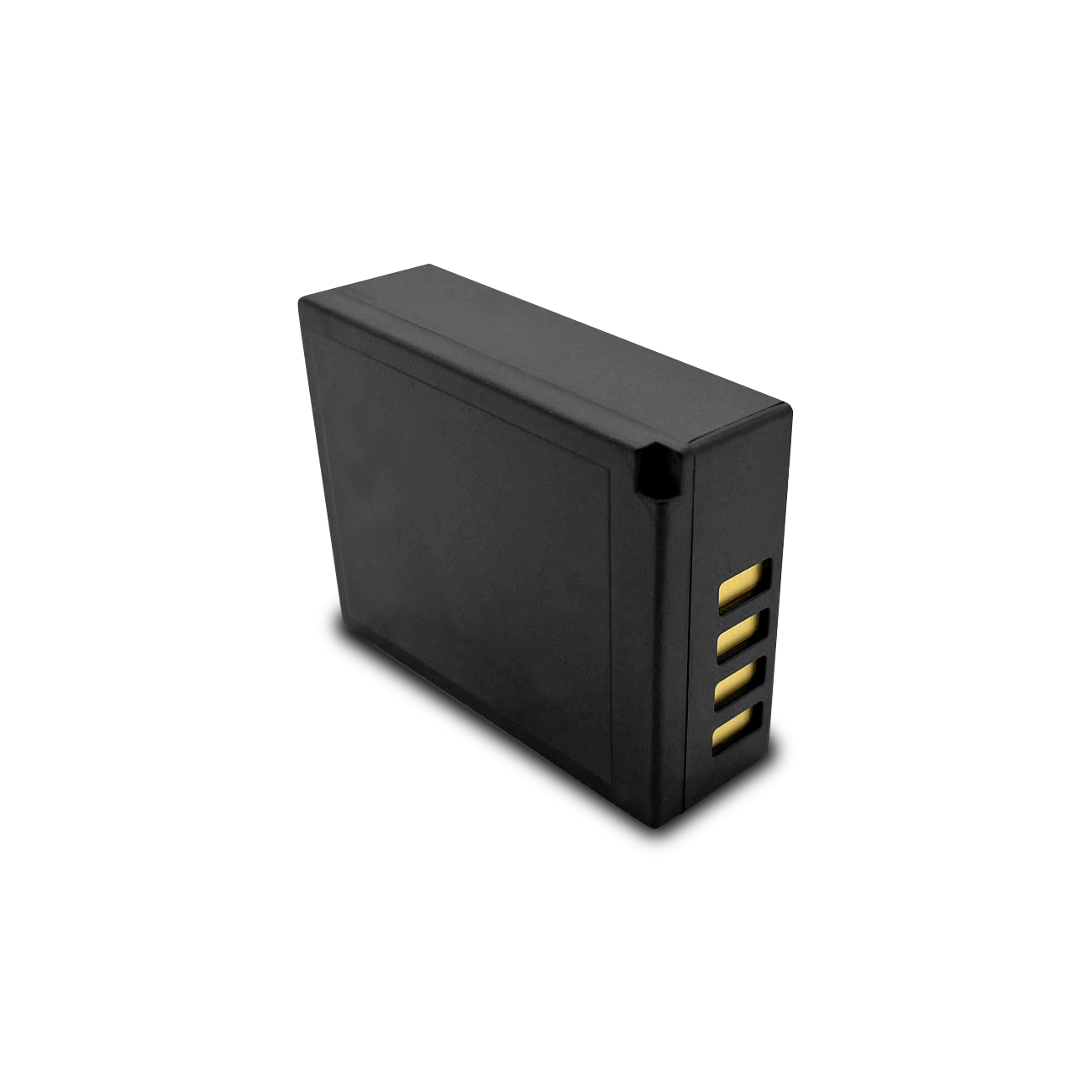 Eine schwarze Batterie mit goldenen Anschlüssen auf weißer Oberfläche. Die Batterie hat eine rechteckige Form.