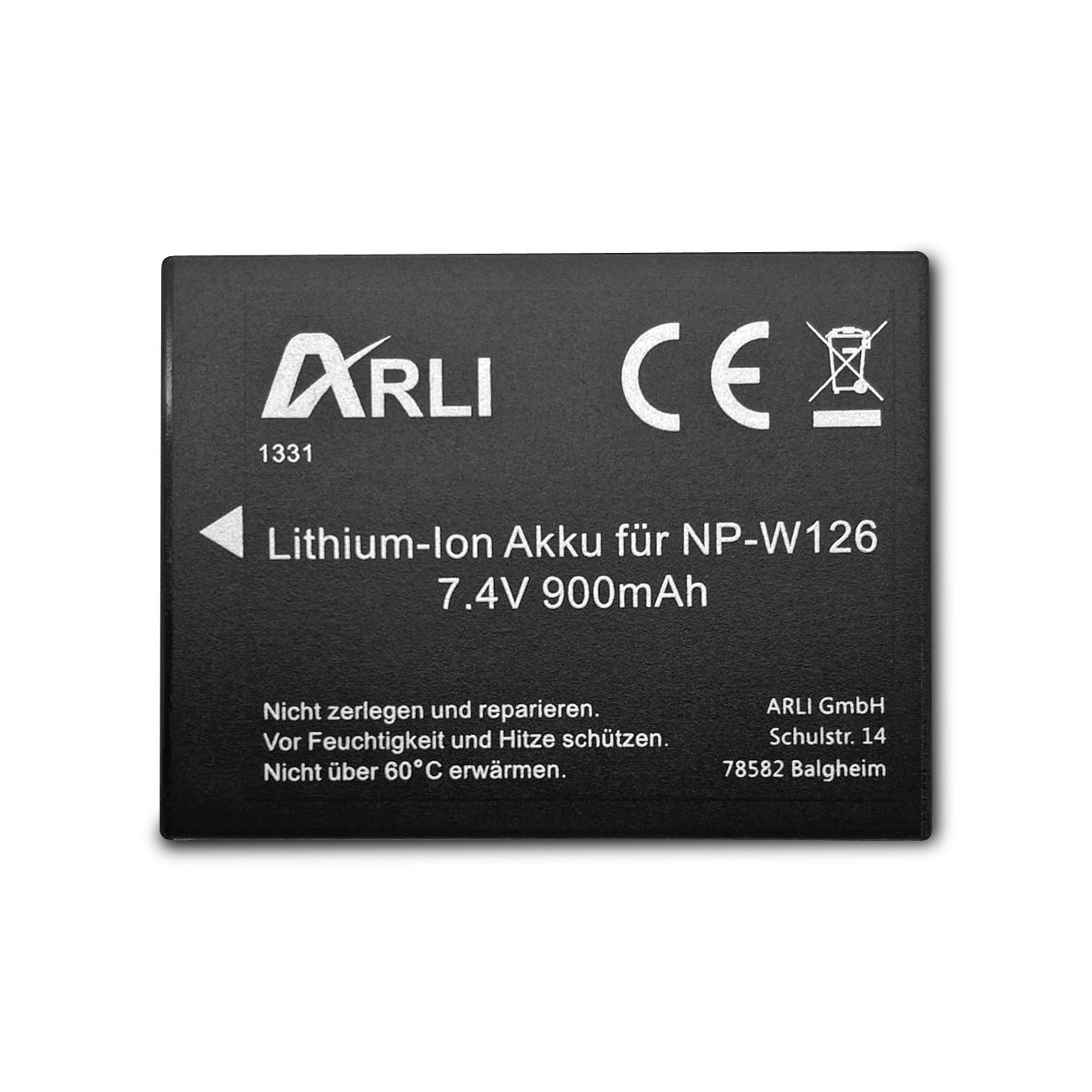 Eine kleine schwarze Batterie mit weißem Text und Symbolen.