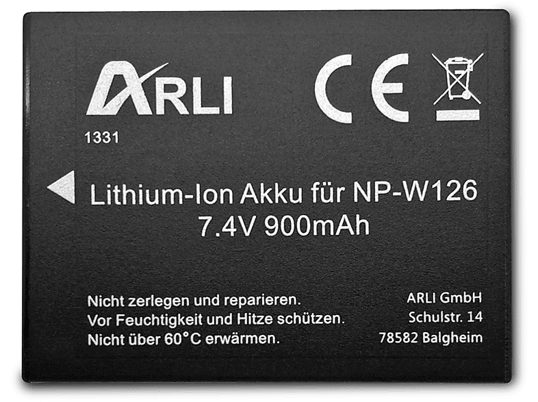 ARLI Akku für Fuji NP-W126 / NP-W126s Li-Ion Kamera Akku, 7.2 Volt, 900 mAh 1 Stück
