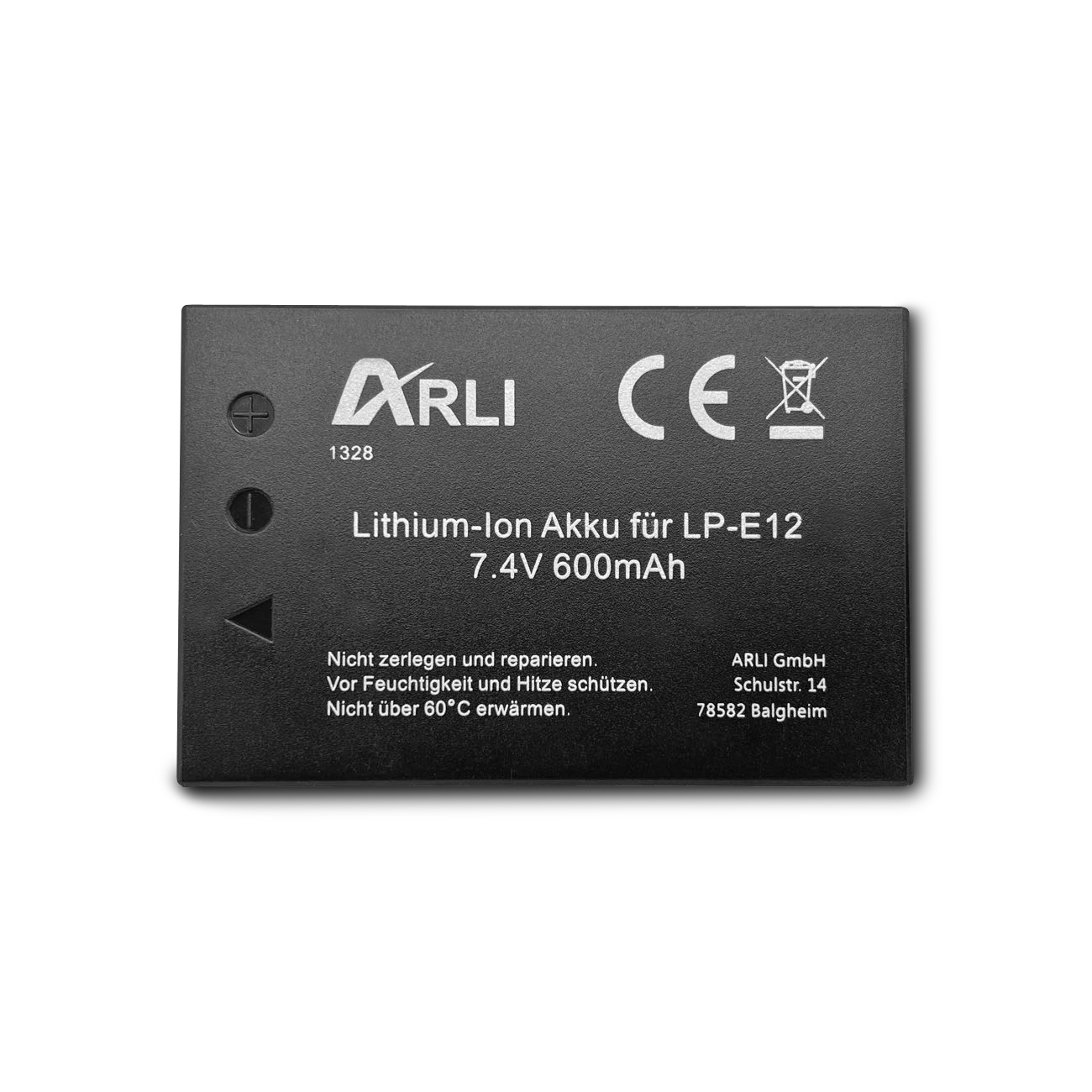 Schwarzer rechteckiger Akku mit Text. Liest sich: Lithium-Ionen-Akku, 7,4 V 600 mAh. CE und andere Markierungen.