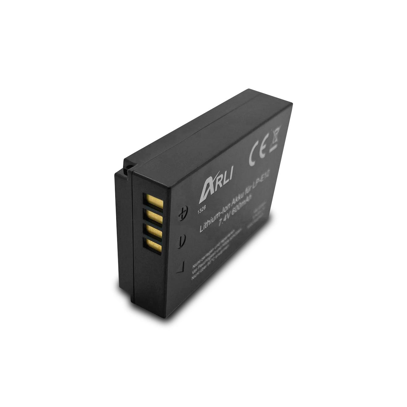 Schwarzer Akku mit goldenen Anschlüssen. Marke Arli auf der Vorderseite. Text: Lithium-Ion Akku 7,4V 600mAh.